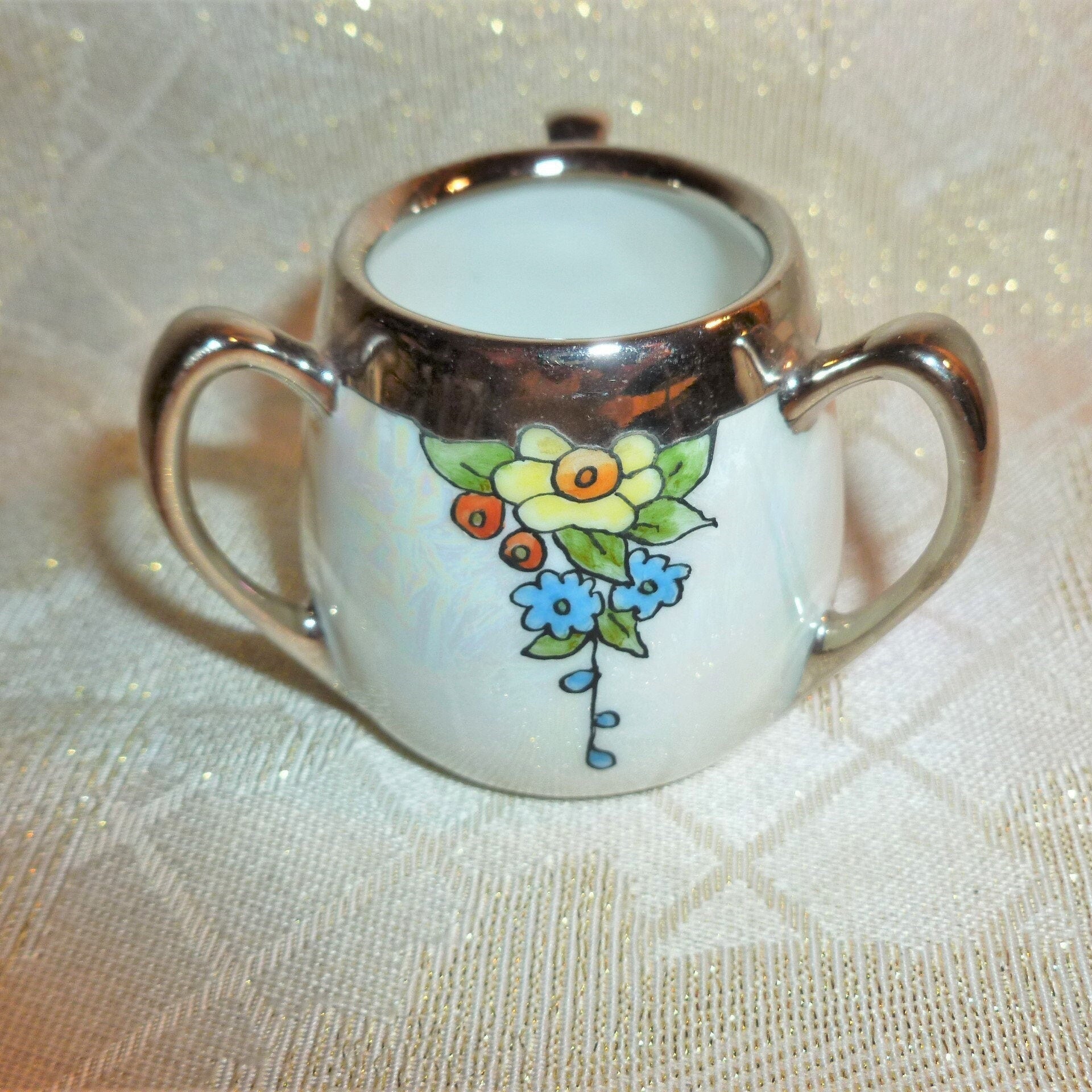 Vintage Lusterware Condiment Set: Floral Design, Silver Glaze, Germany