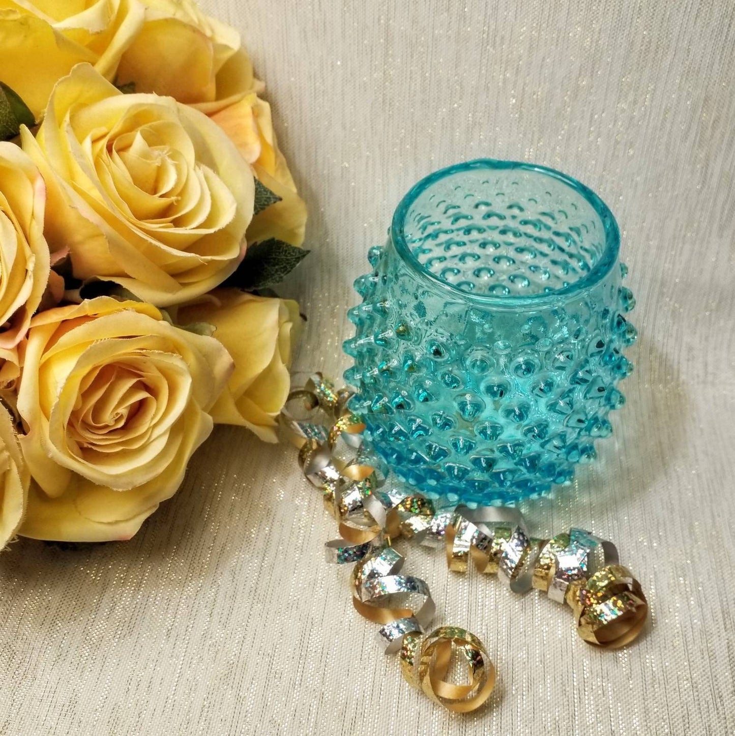 Vintage Ucagco Teal Blue Hobnail Vase, Made in Italy