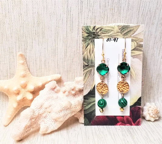 Elegant handcrafted earrings. Ideal for weddings and special occasions. Ear wires with beautiful very emerald green diamond shape crystals tops connected to a small golden circle and added pretty malachite stone bead hanging on the end.  Thank you!