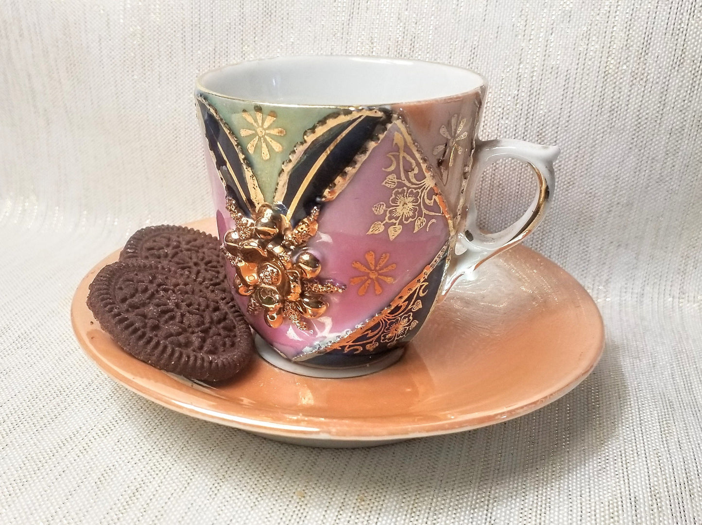 Vintage Lusterware Demitasse Cup and Saucer Gold Floral Detail Elegant Bone China Always FREE Domestic SHIPPING