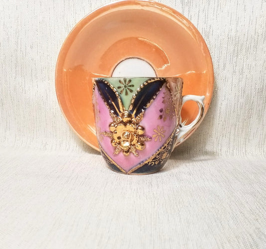 Vintage Lusterware Demitasse Cup and Saucer Gold Floral Detail Elegant Bone China Always FREE Domestic SHIPPING