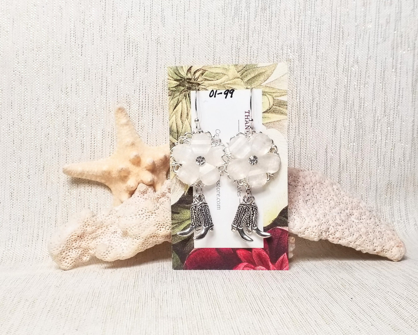 Western Wedding Earrings White Floral Silver Cowgirl Boots Always FREE Domestic SHIPPING