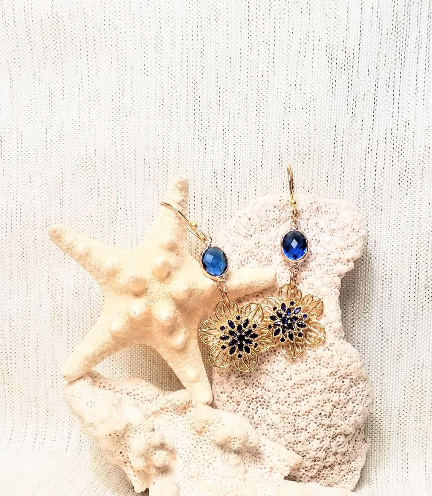 Filigree Flower Earrings Blue Crystal Gold Plated Wires Always FREE Domestic SHIPPING