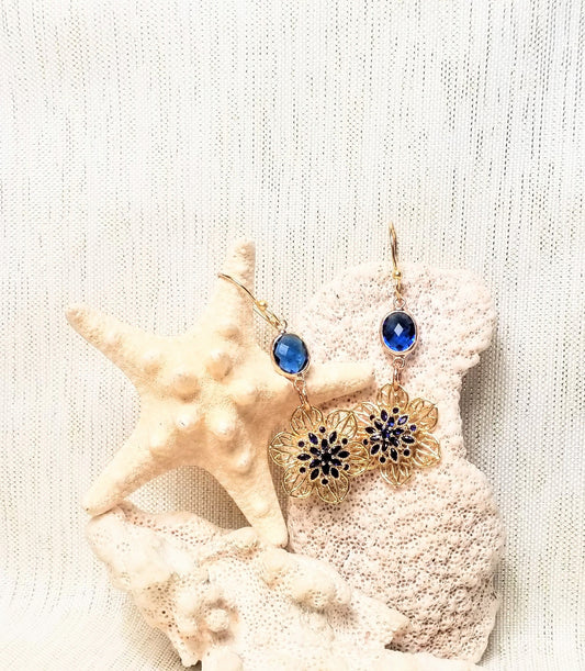 Filigree Flower Earrings Blue Crystal Gold Plated Wires Always FREE Domestic SHIPPING