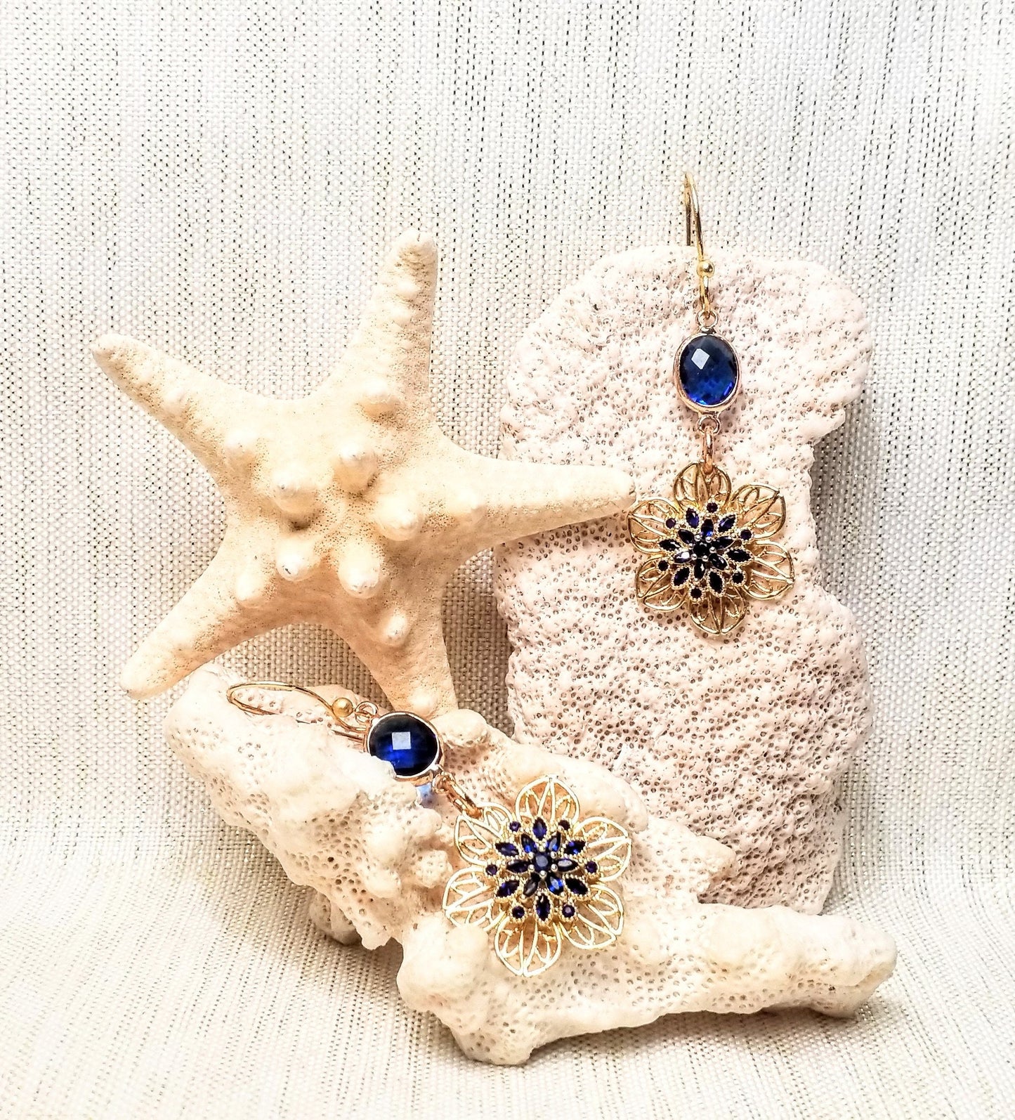 Filigree Flower Earrings Blue Crystal Gold Plated Wires Always FREE Domestic SHIPPING