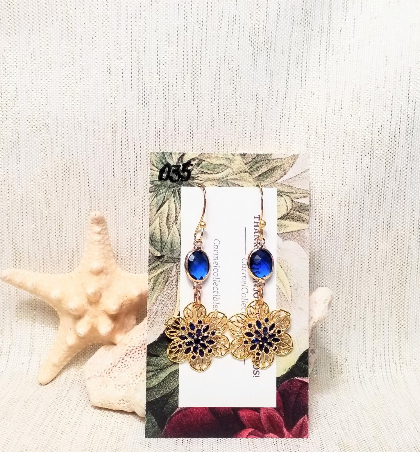Filigree Flower Earrings Blue Crystal Gold Plated Wires Always FREE Domestic SHIPPING