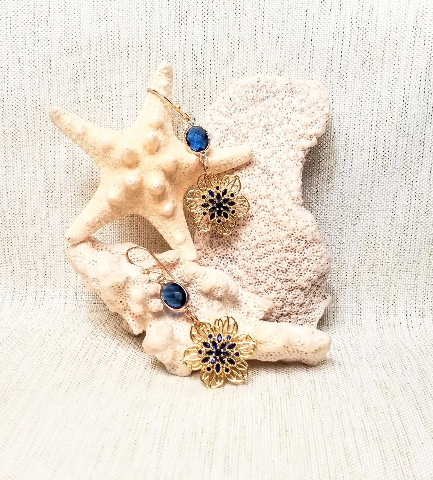 Filigree Flower Earrings Blue Crystal Gold Plated Wires Always FREE Domestic SHIPPING