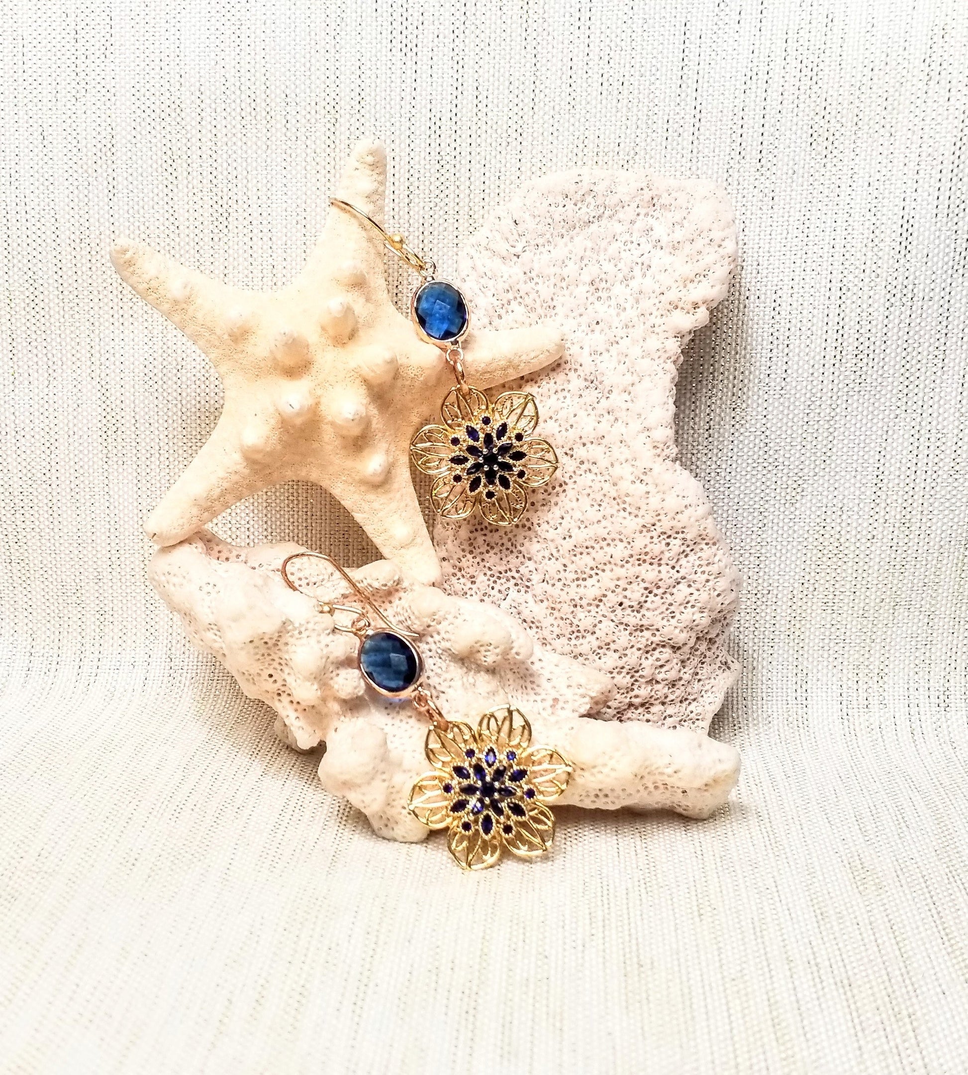 Filigree Flower Earrings Blue Crystal Gold Plated Wires Always FREE Domestic SHIPPING