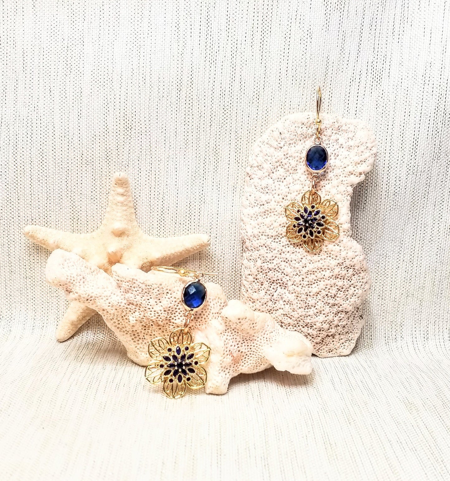 Filigree Flower Earrings Blue Crystal Gold Plated Wires Always FREE Domestic SHIPPING