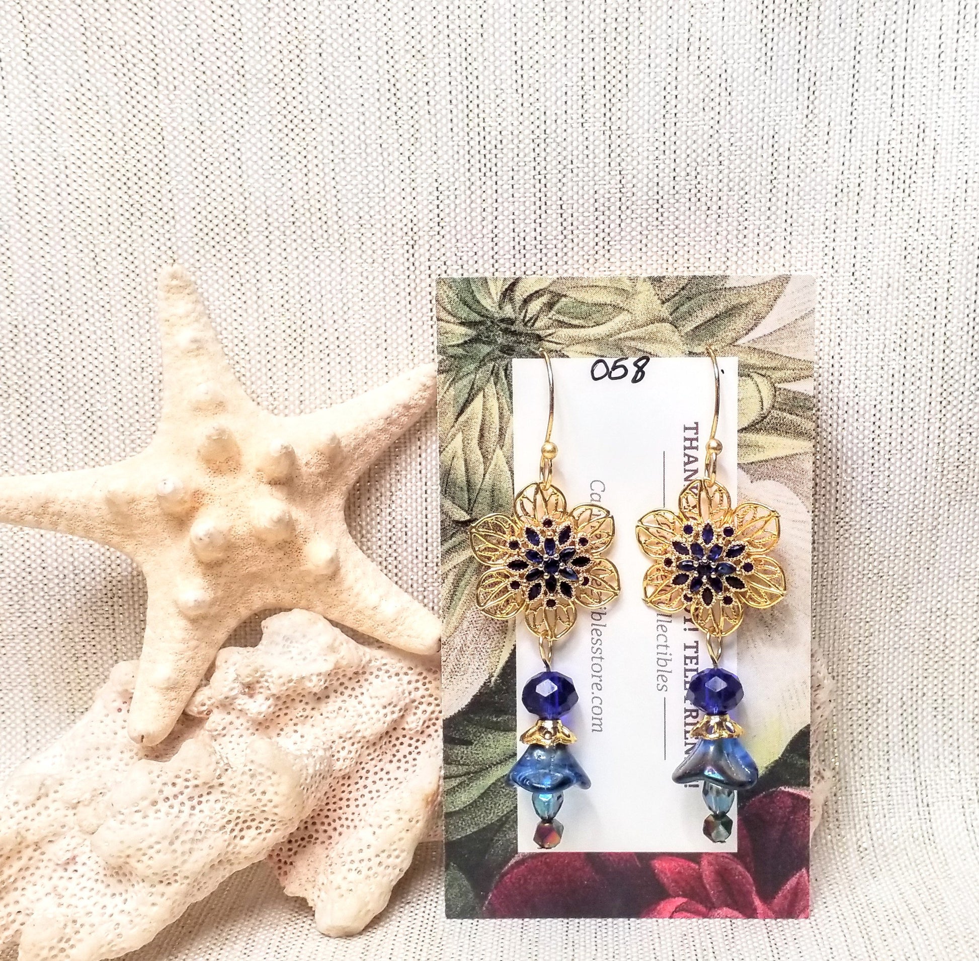 Floral Filigree Dangle Earrings with Blue Glass Flowers Always FREE Domestic SHIPPING