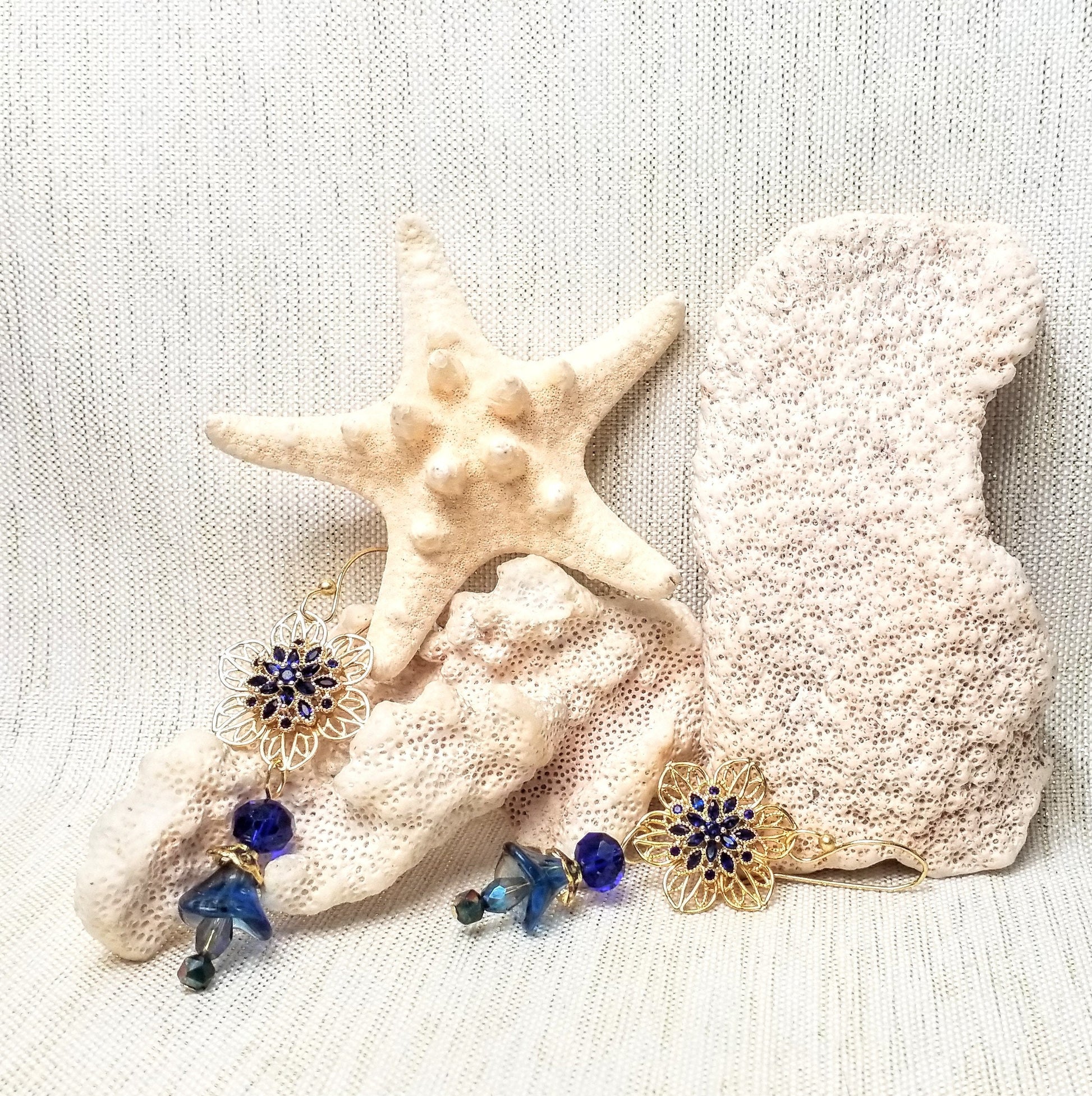 Floral Filigree Dangle Earrings with Blue Glass Flowers Always FREE Domestic SHIPPING