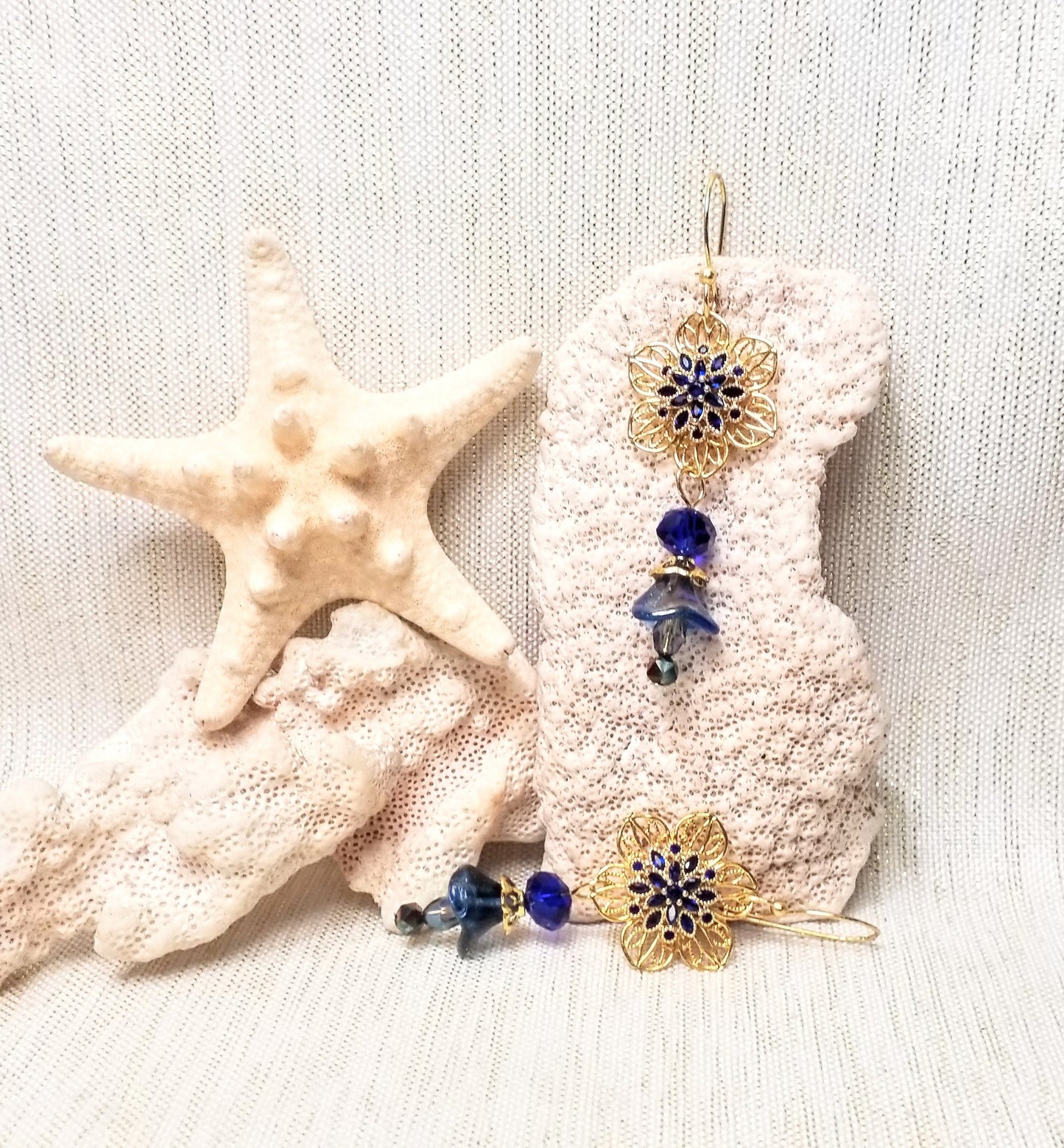 Floral Filigree Dangle Earrings with Blue Glass Flowers Always FREE Domestic SHIPPING
