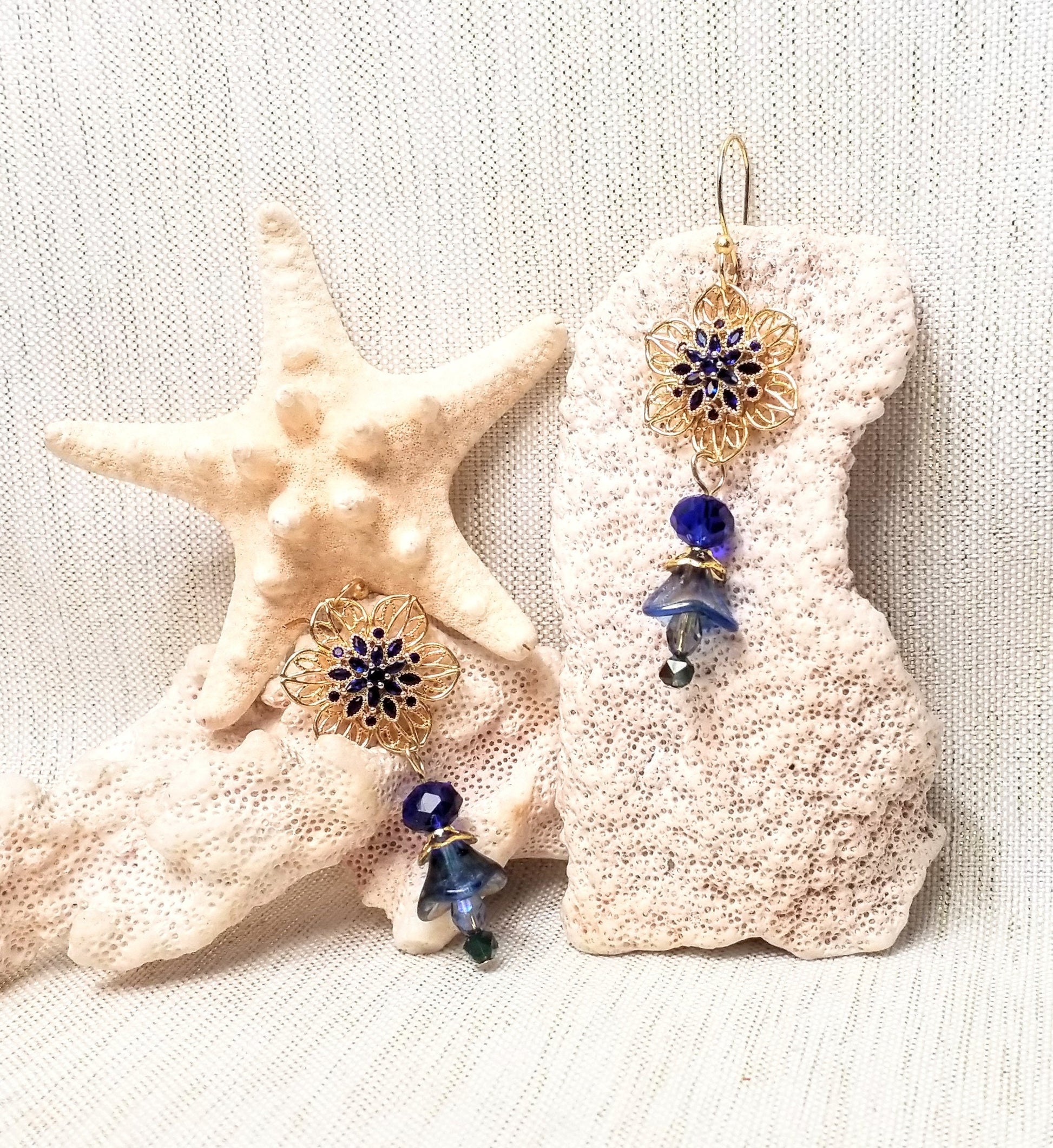 Floral Filigree Dangle Earrings with Blue Glass Flowers Always FREE Domestic SHIPPING