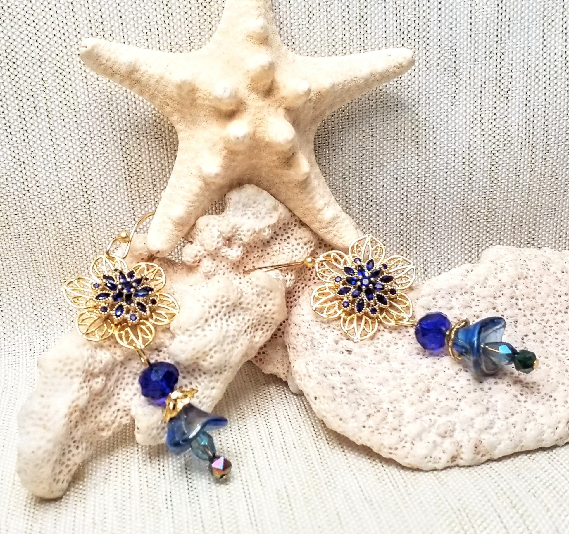 Floral Filigree Dangle Earrings with Blue Glass Flowers Always FREE Domestic SHIPPING