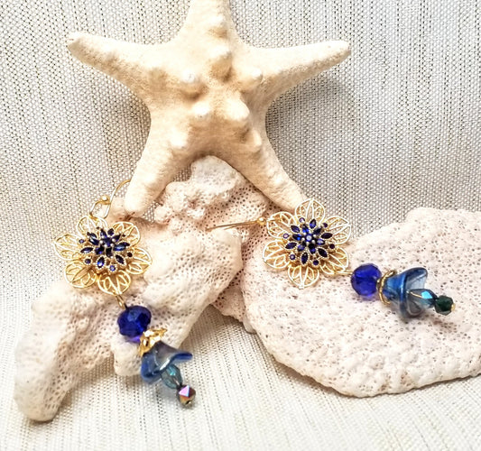 Floral Filigree Dangle Earrings with Blue Glass Flowers Always FREE Domestic SHIPPING