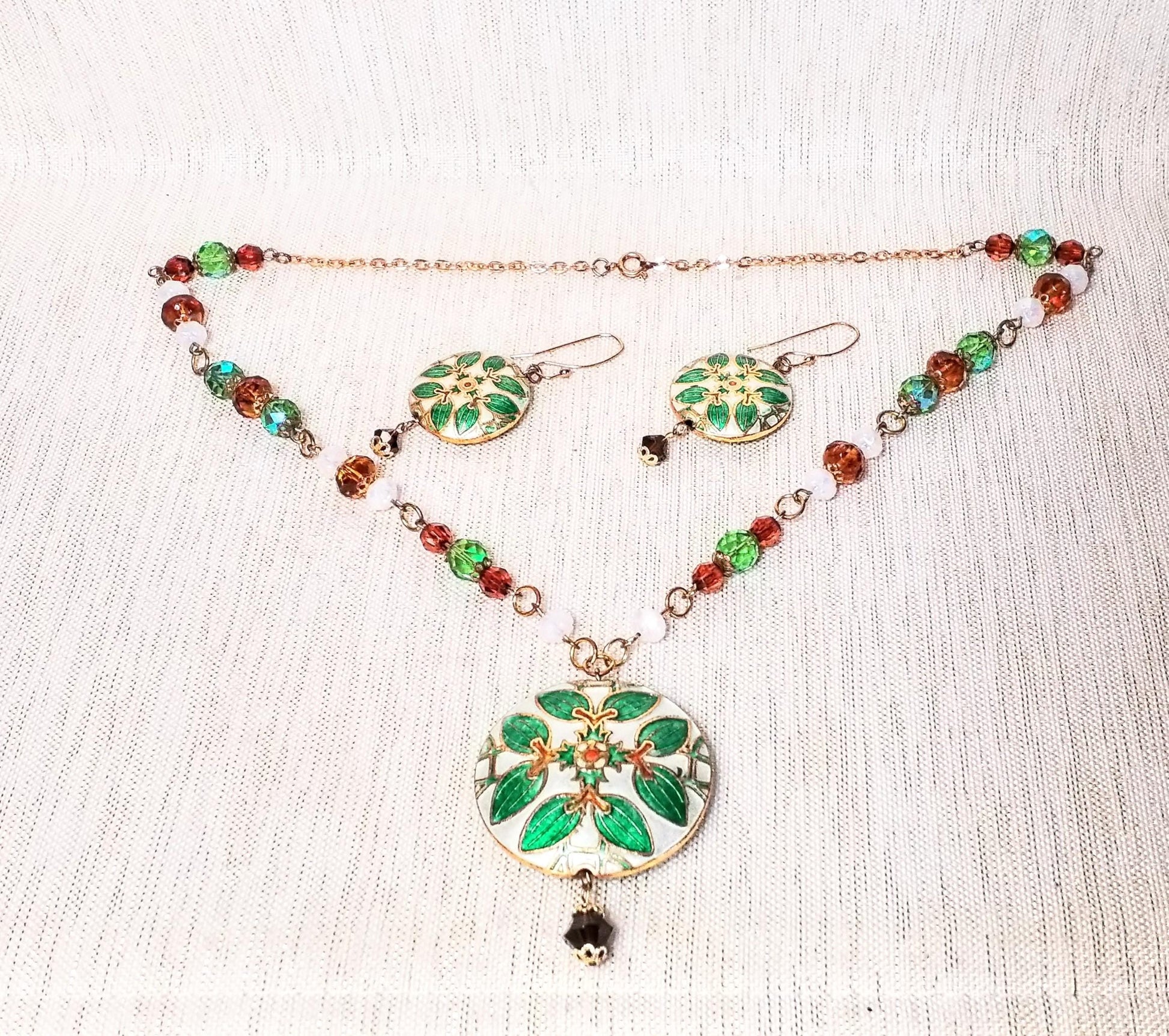 Vintage Cloisonne Pendant and Earrings Set with Original Box