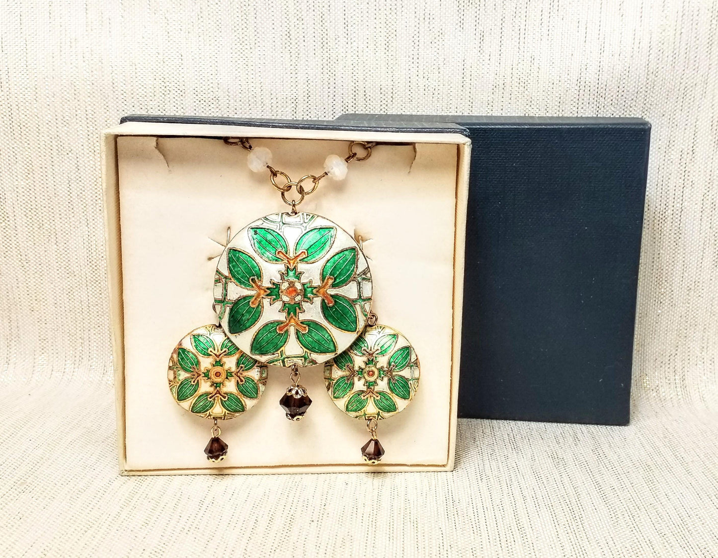 Vintage Cloisonne Pendant and Earrings Set with Original Box