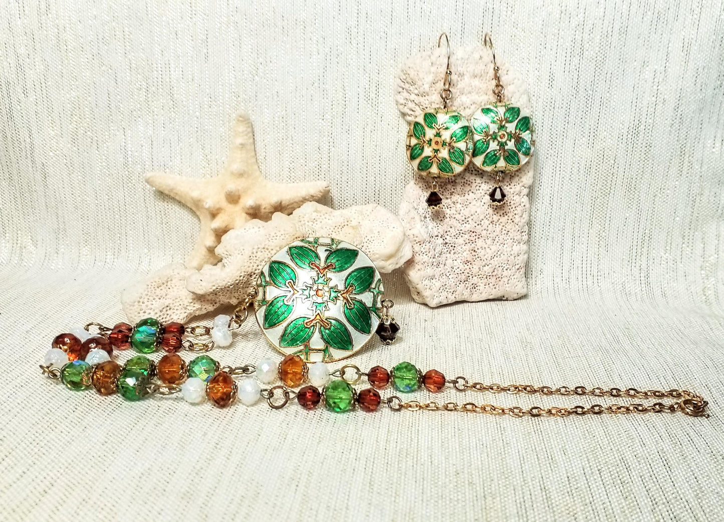 Vintage Cloisonne Pendant and Earrings Set with Original Box