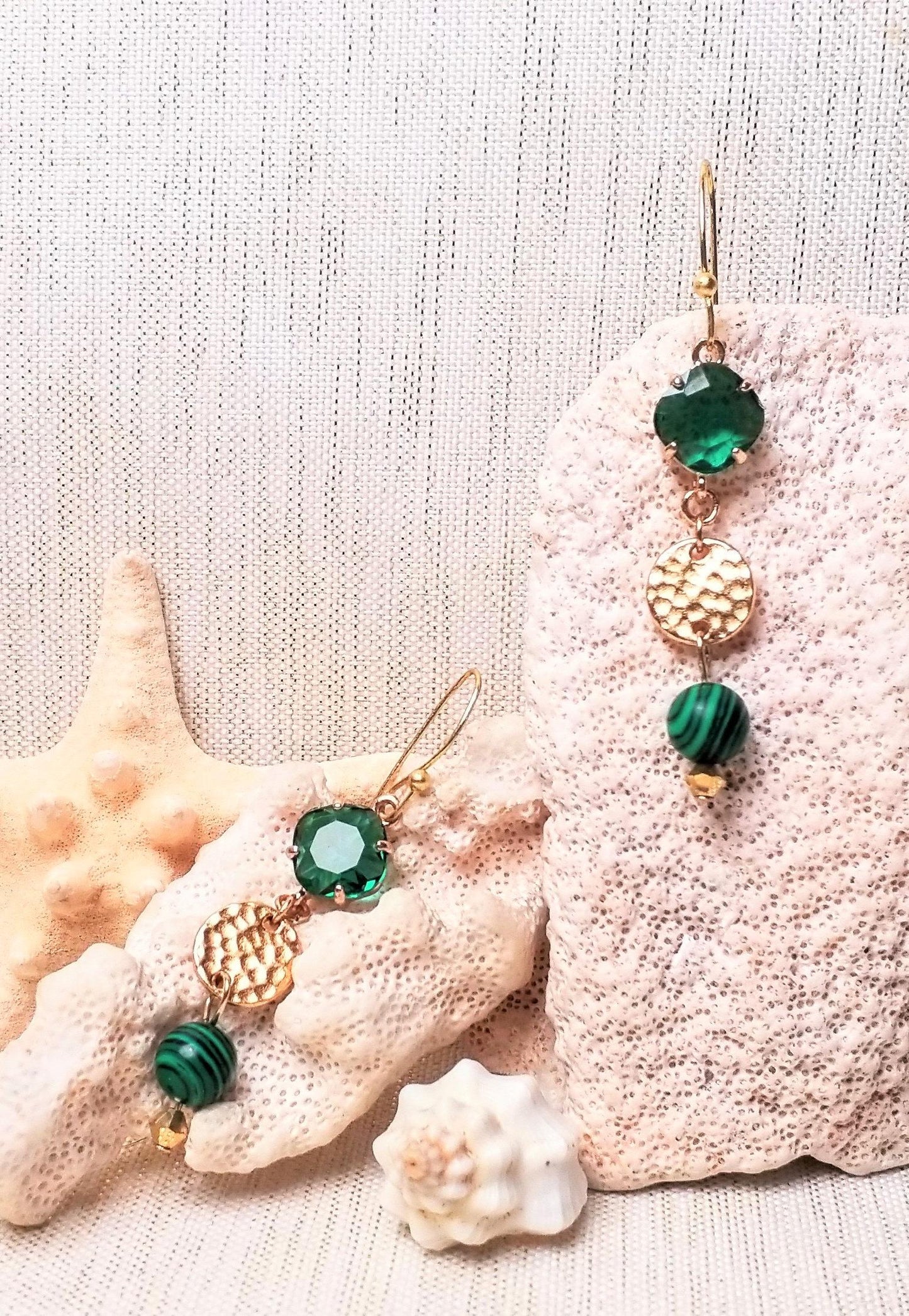 Elegant handcrafted earrings. Ideal for weddings and special occasions. Ear wires with beautiful very emerald green diamond shape crystals tops connected to a small golden circle and added pretty malachite stone bead hanging on the end.  Thank you!
