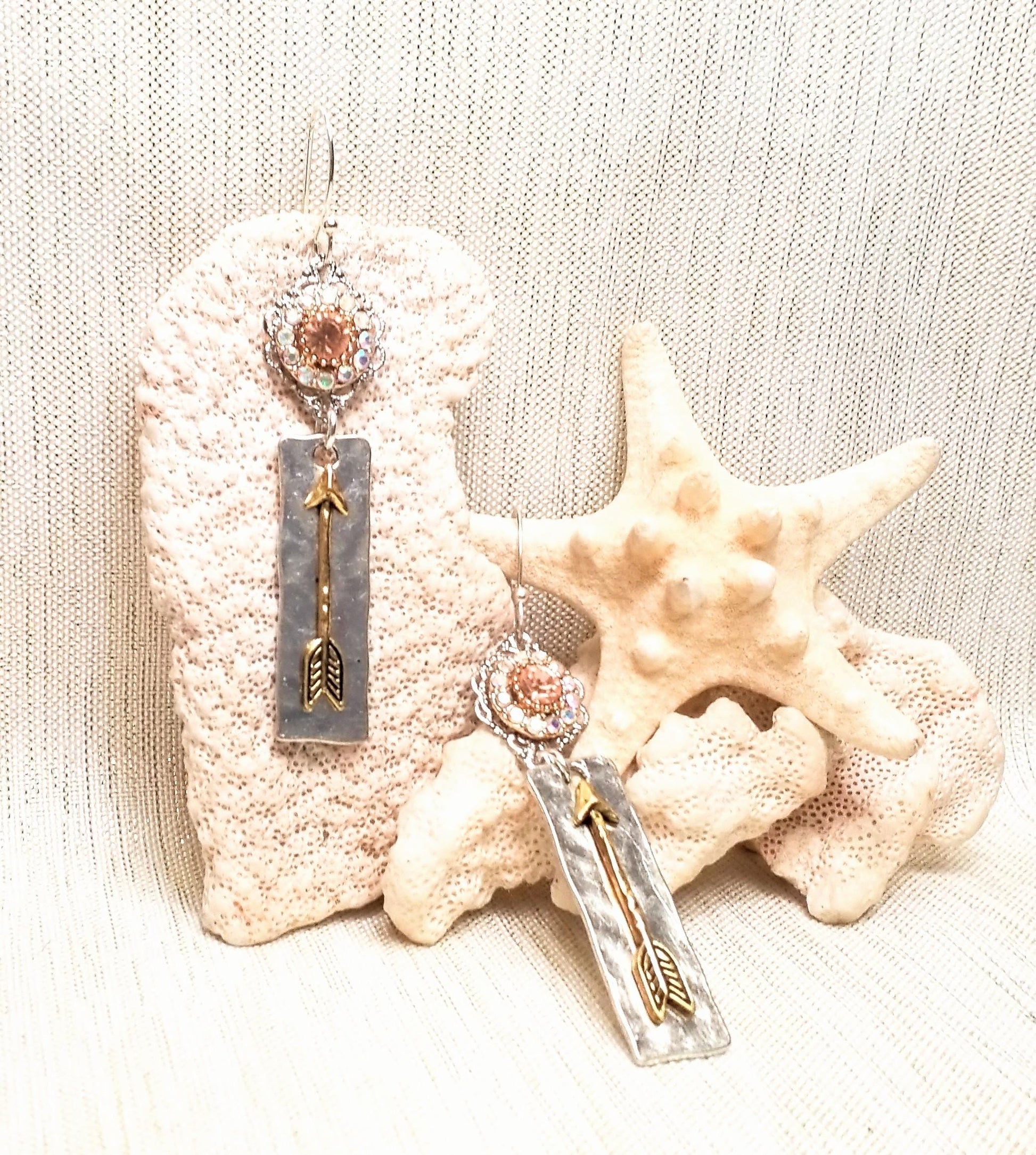 Handcrafted Silver Arrow Earrings, Aurora Borealis Rhinestone Detail