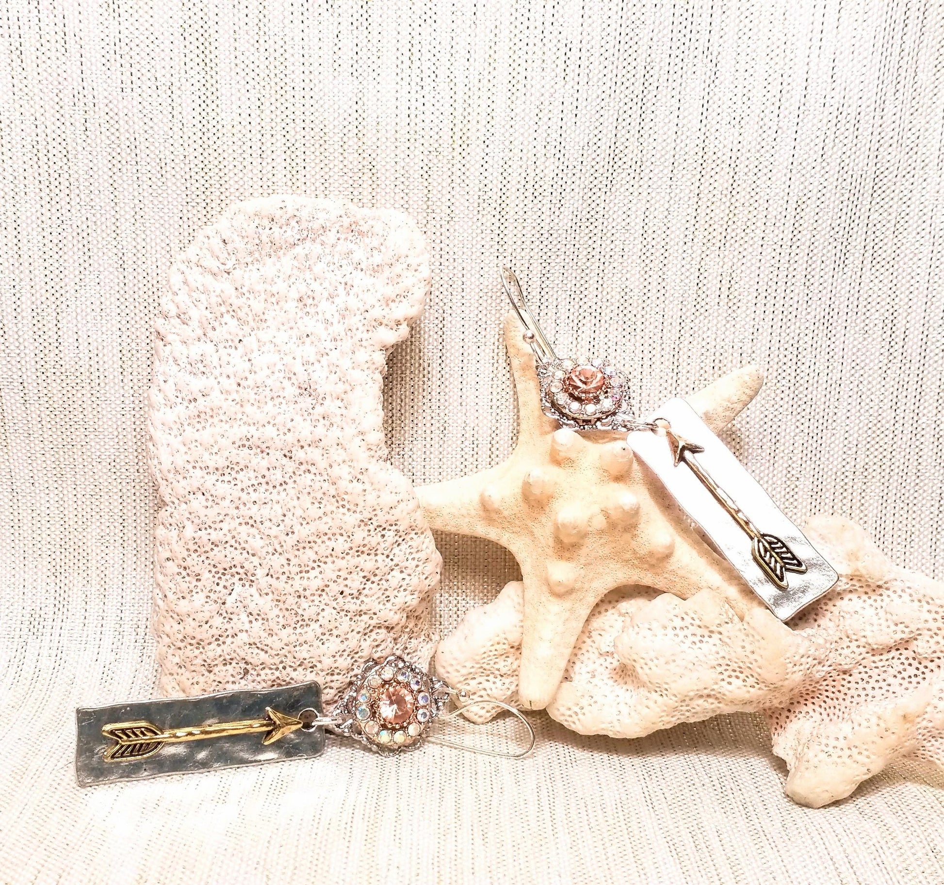 Handcrafted Silver Arrow Earrings, Aurora Borealis Rhinestone Detail