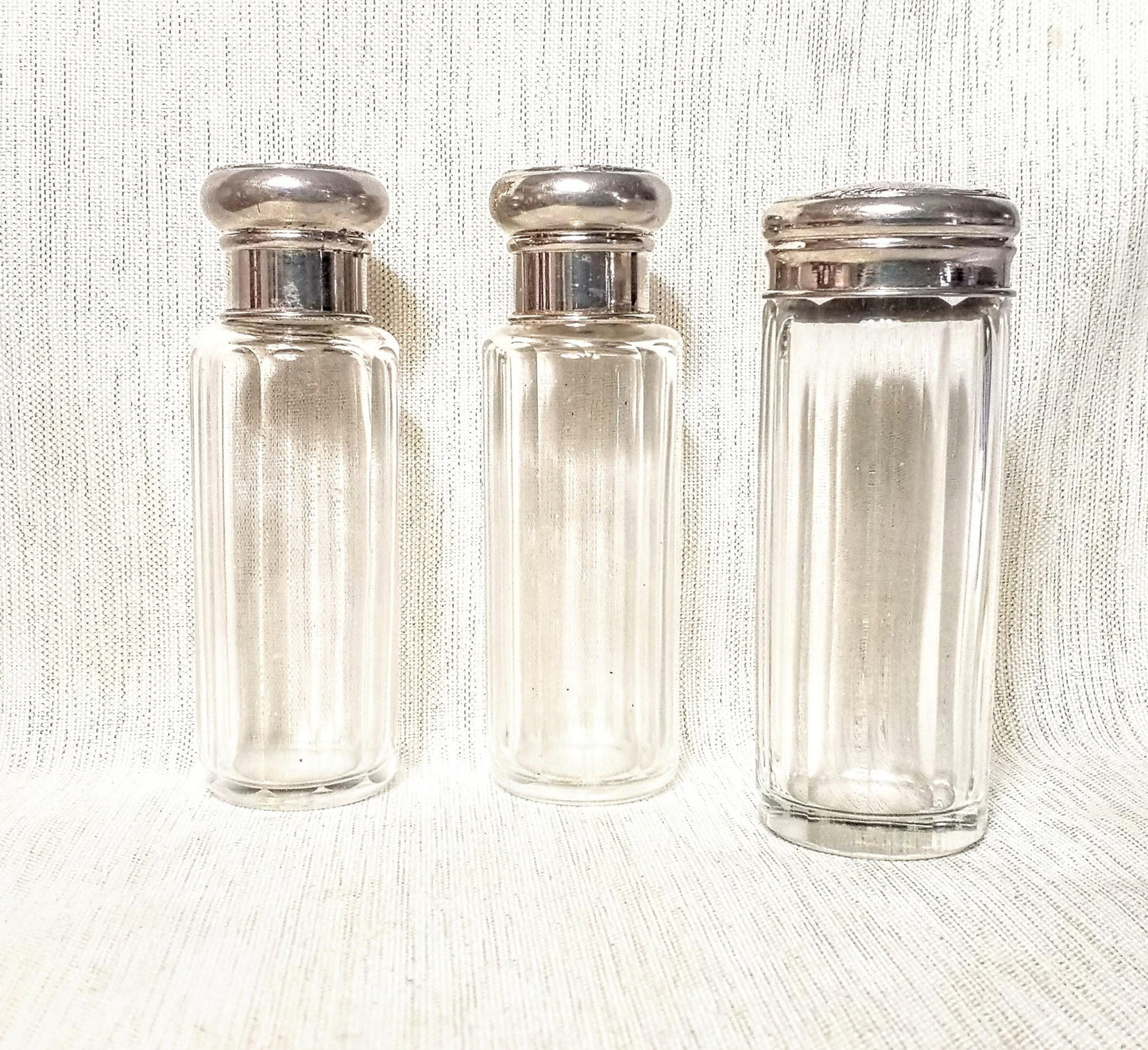Antique Floral Silverplated Lidded Glass Bottles, Set of 3