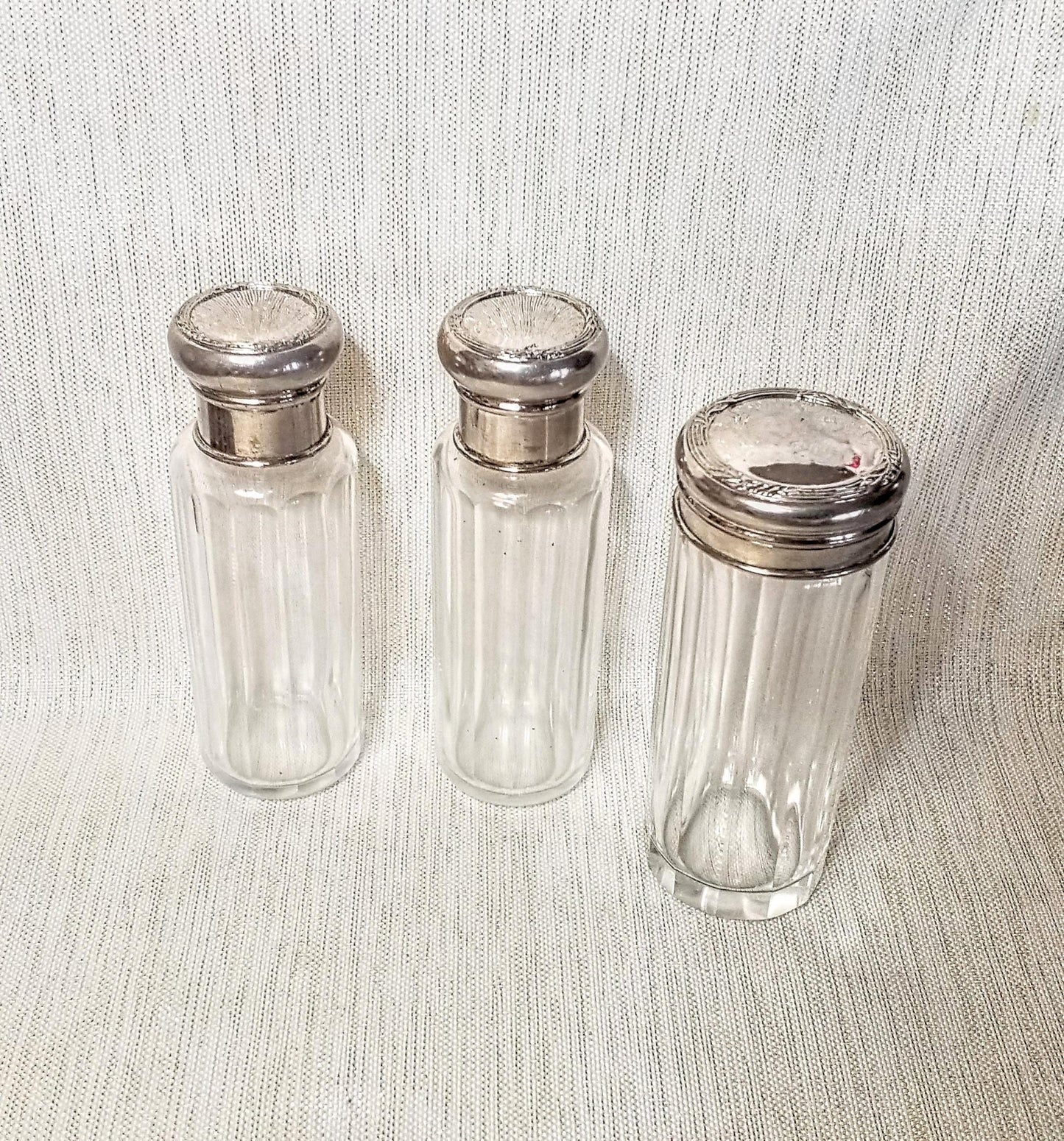 Antique Floral Silverplated Lidded Glass Bottles, Set of 3