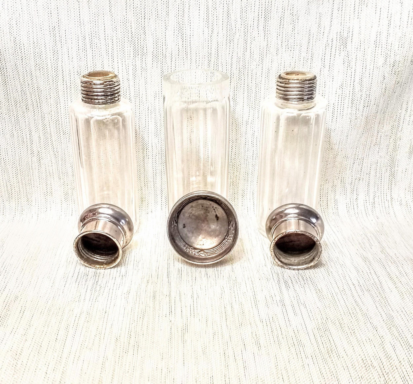 Antique Floral Silverplated Lidded Glass Bottles, Set of 3