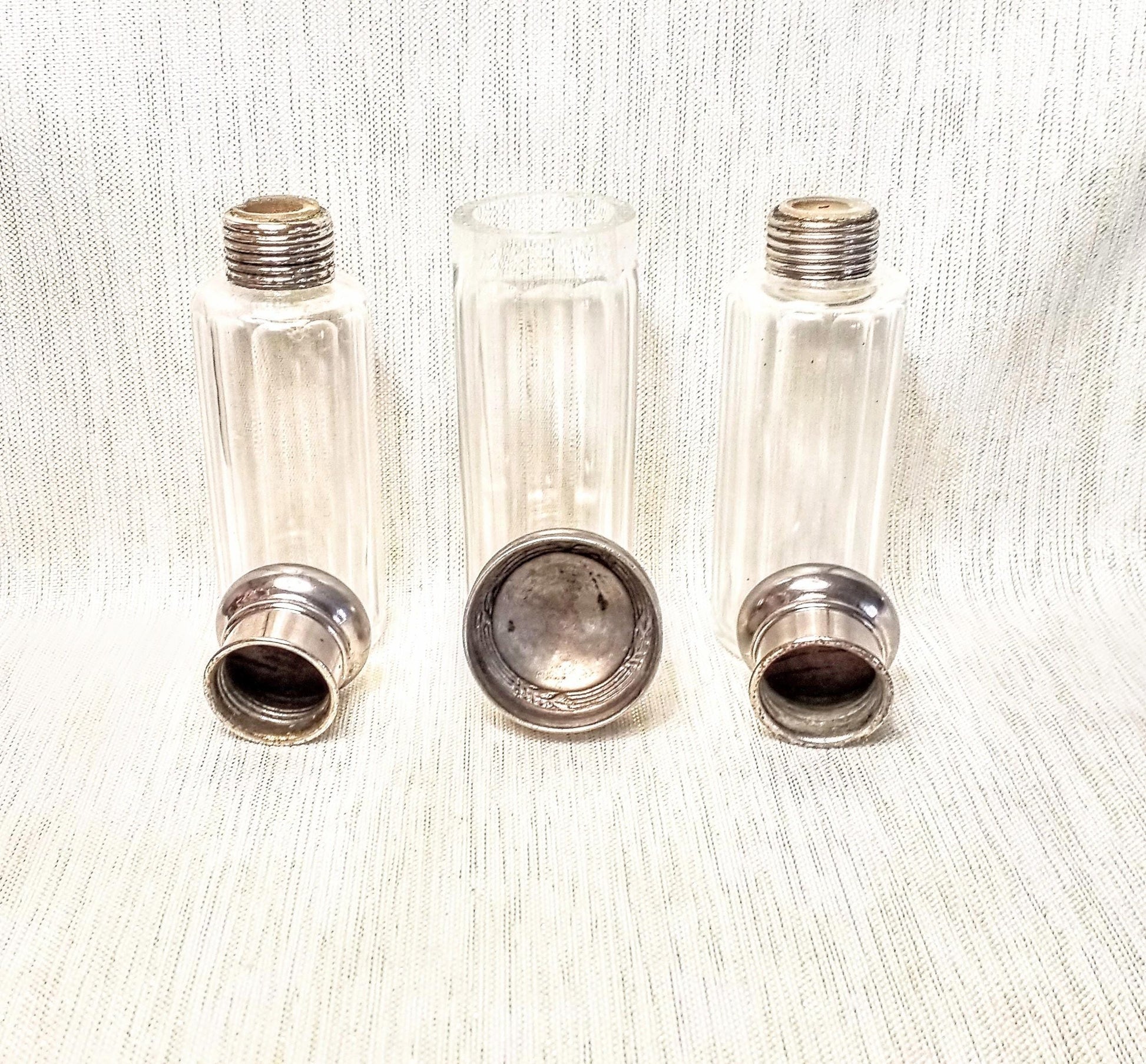 Antique Floral Silverplated Lidded Glass Bottles, Set of 3