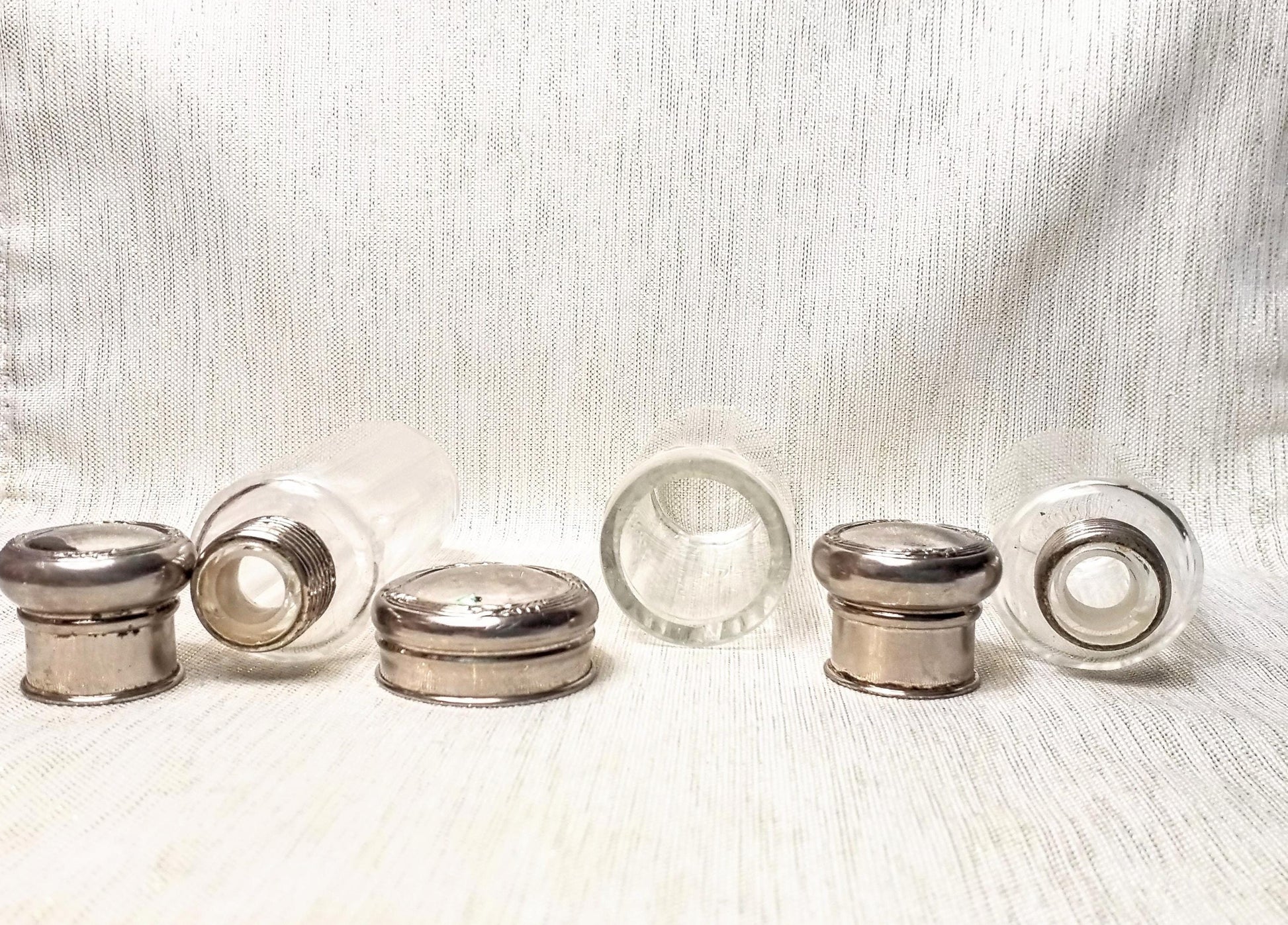 Antique Floral Silverplated Lidded Glass Bottles, Set of 3