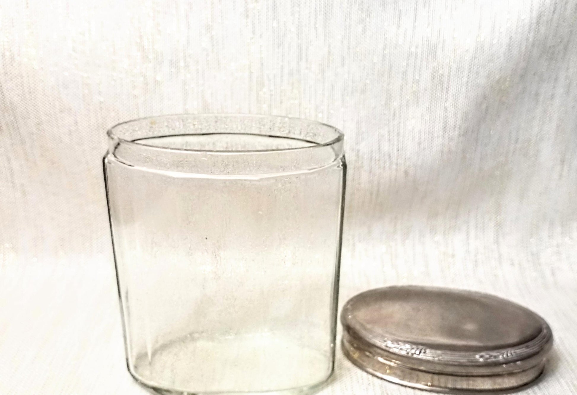 Vintage Clear Glass Jar, Silverplated Floral Lid, Farmhouse Decor