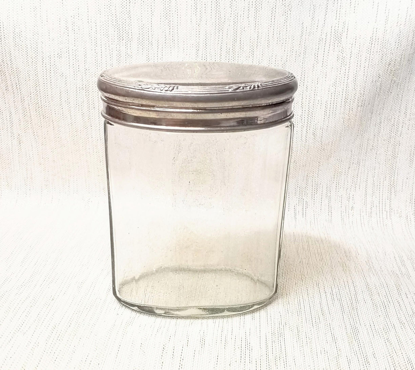 Vintage Clear Glass Jar, Silverplated Floral Lid, Farmhouse Decor