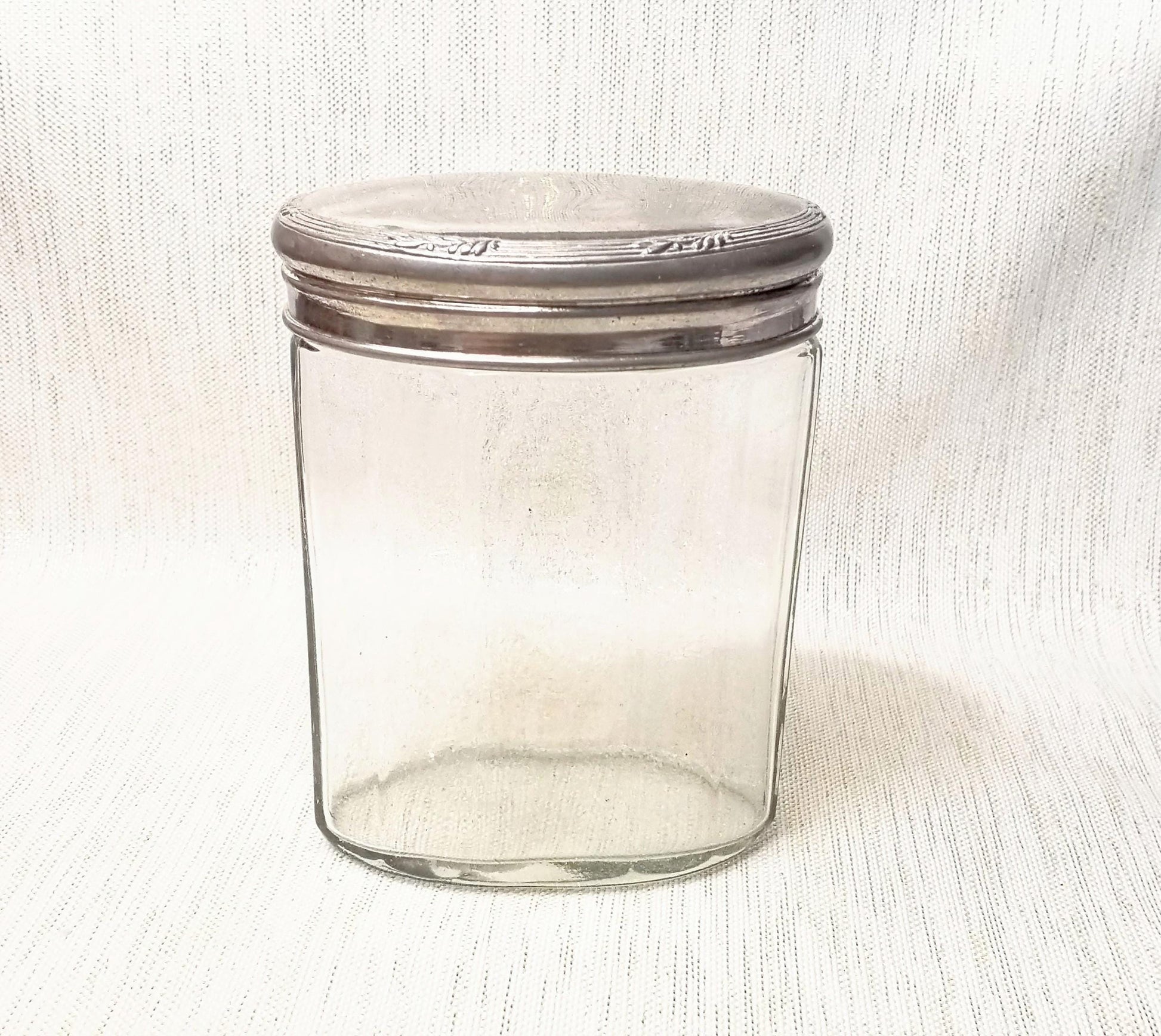 Vintage Clear Glass Jar, Silverplated Floral Lid, Farmhouse Decor