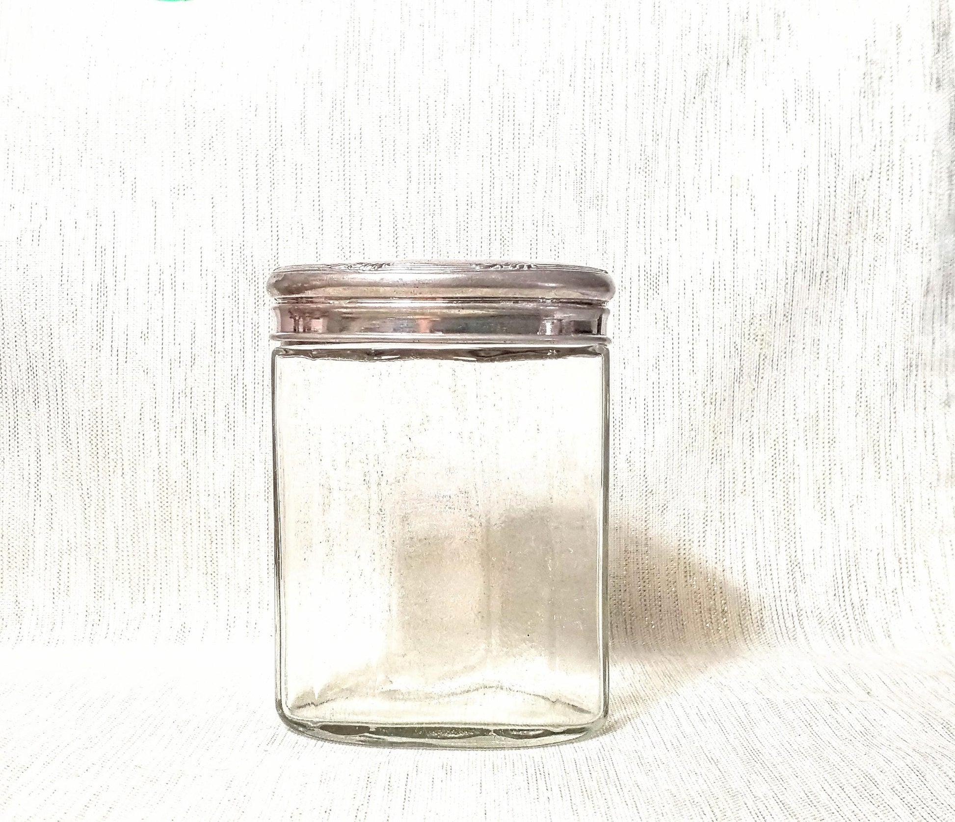 Vintage Clear Glass Jar, Silverplated Floral Lid, Farmhouse Decor