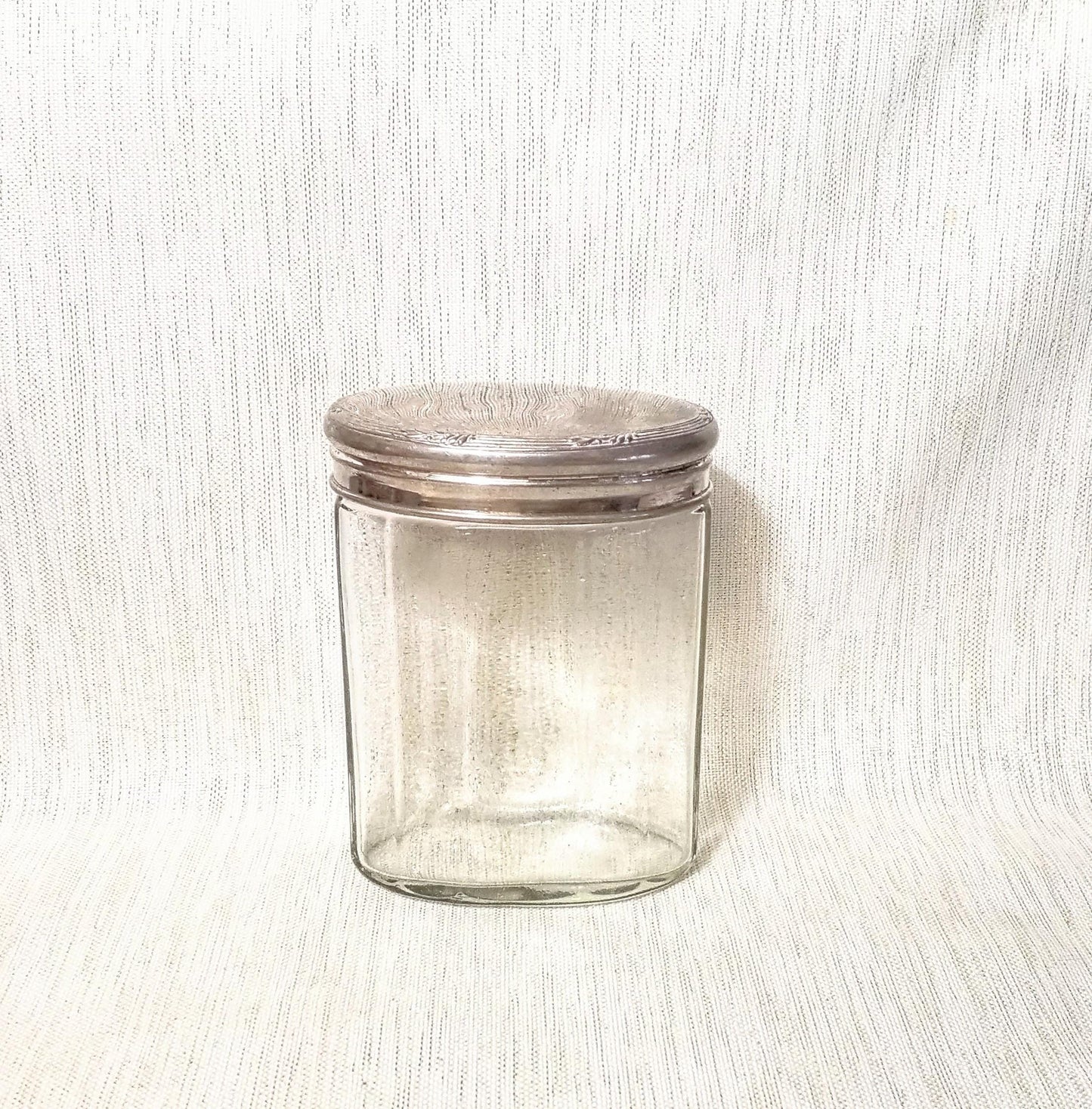 Vintage Clear Glass Jar, Silverplated Floral Lid, Farmhouse Decor