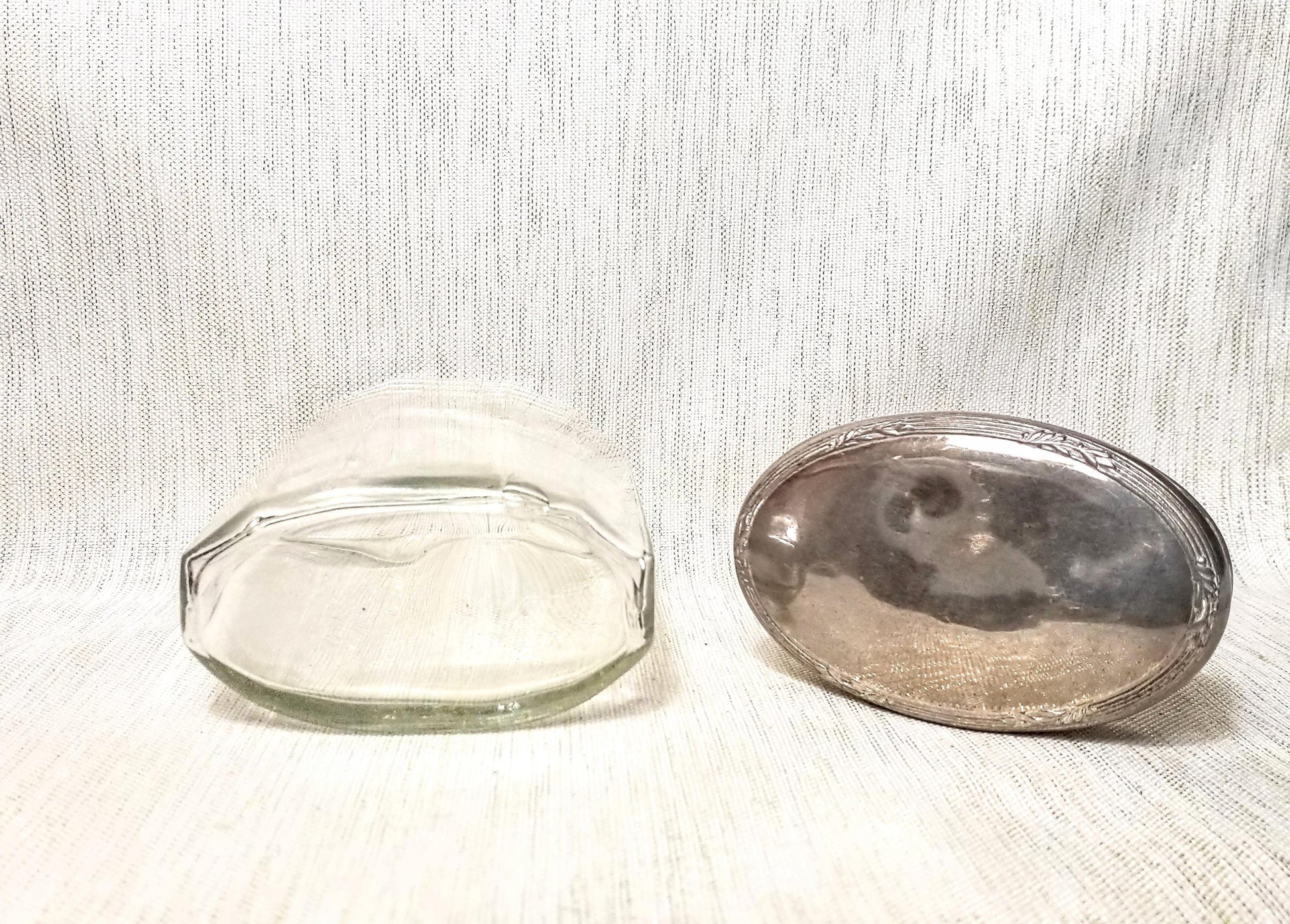 Vintage Clear Glass Jar, Silverplated Floral Lid, Farmhouse Decor