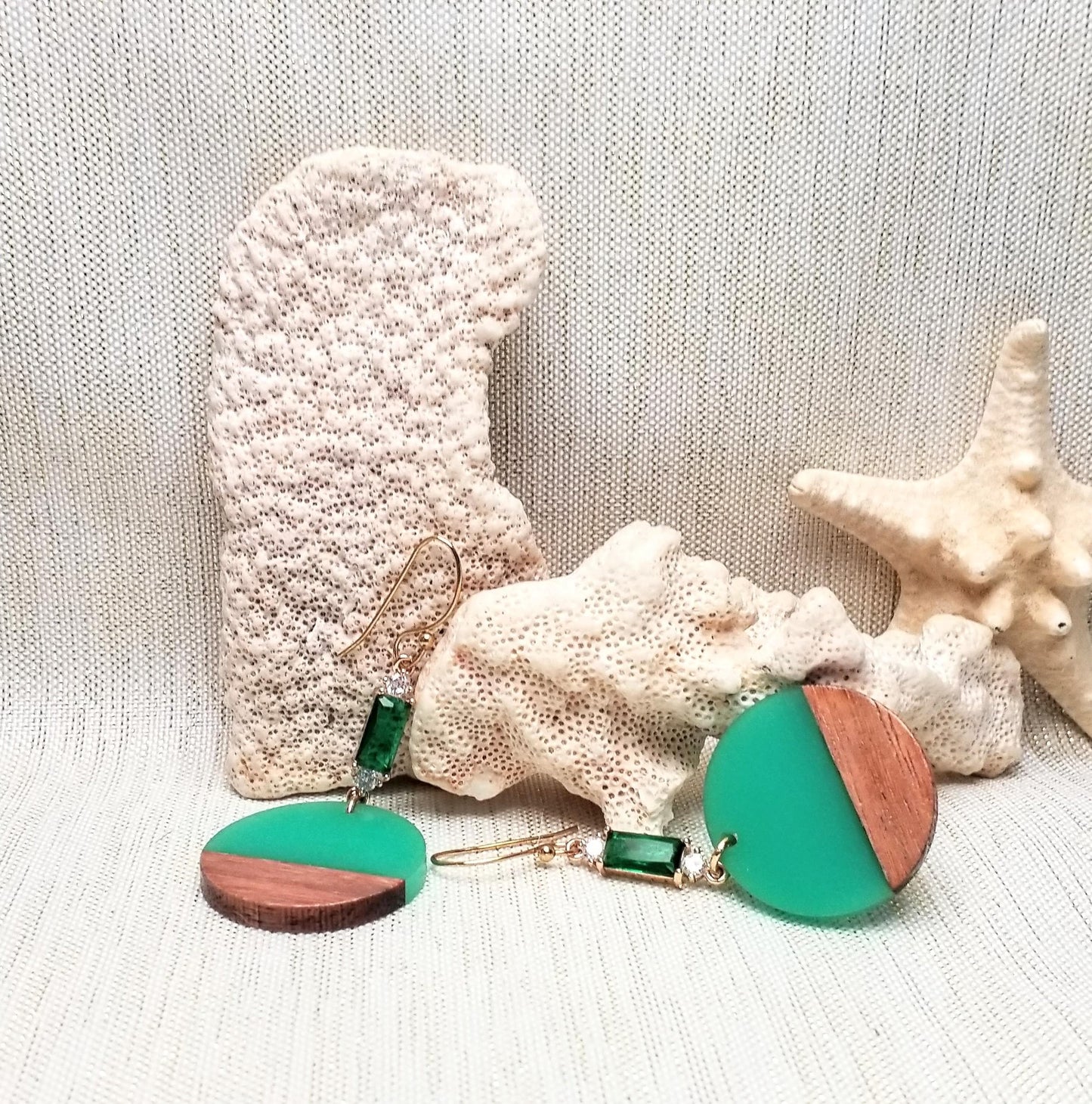 Handcrafted Teal Acrylic Earrings: Wood & Crystal Dangle