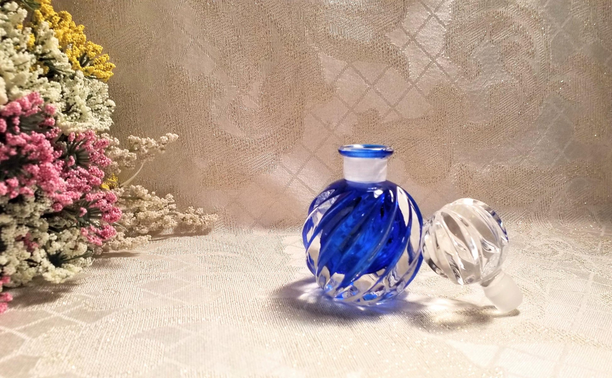 Vintage Cobalt Glass Perfume Bottle with Stopper Pretty Twist Design Always FREE Domestic SHIPPING