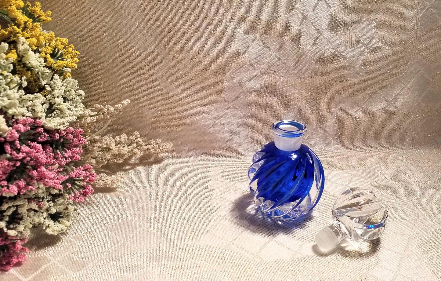Vintage Cobalt Glass Perfume Bottle with Stopper Pretty Twist Design Always FREE Domestic SHIPPING
