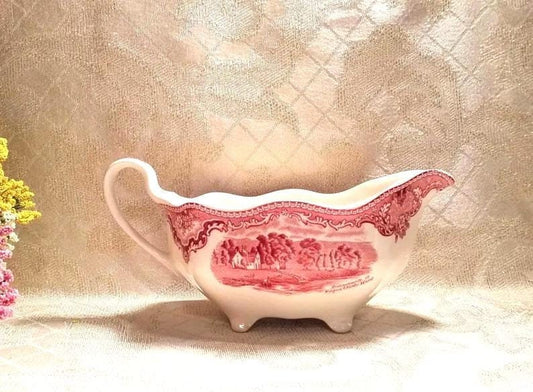 Vintage Johnson Bros Old Britain Castles Red Transferware Gravy Boat Always FREE Domestic SHIPPING
