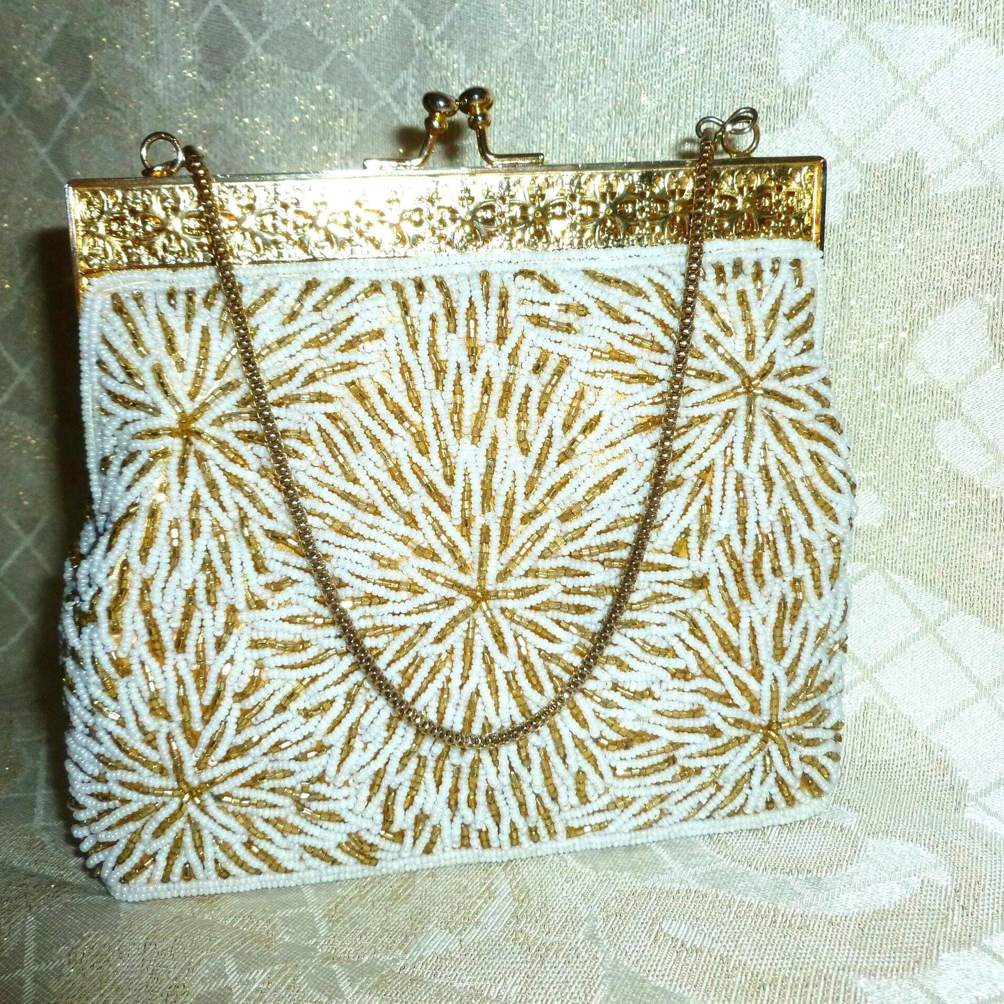 Handbeaded Wedding Handbag, Elegant White & Gold Seed Beads, Filigree Closure