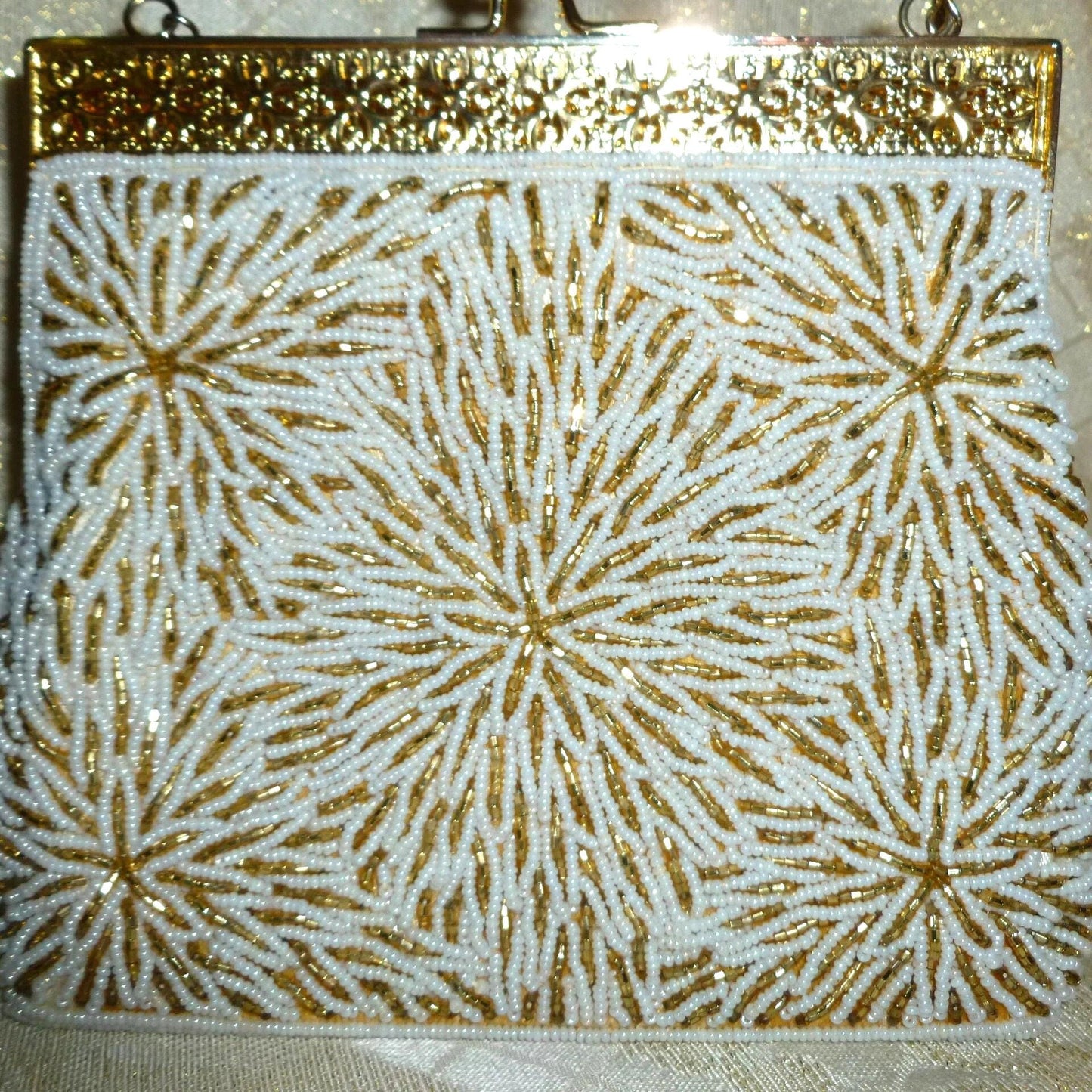 Handbeaded Wedding Handbag, Elegant White & Gold Seed Beads, Filigree Closure