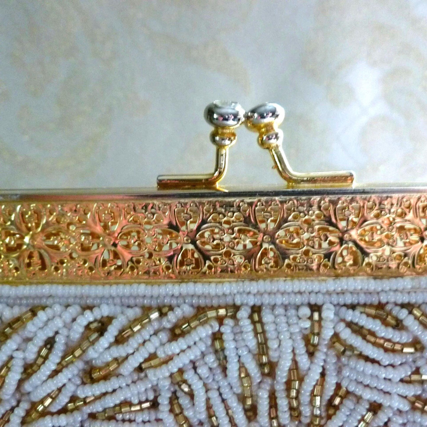 Handbeaded Wedding Handbag, Elegant White & Gold Seed Beads, Filigree Closure