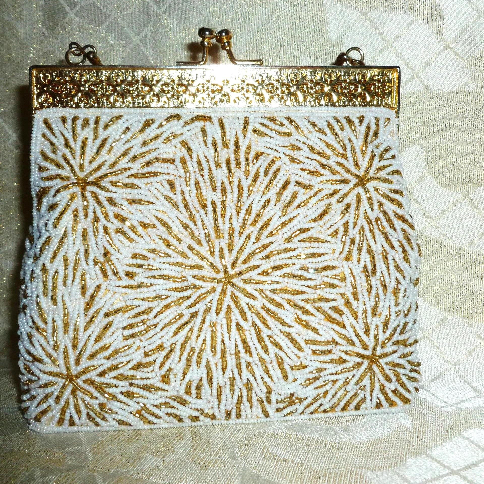 Handbeaded Wedding Handbag, Elegant White & Gold Seed Beads, Filigree Closure