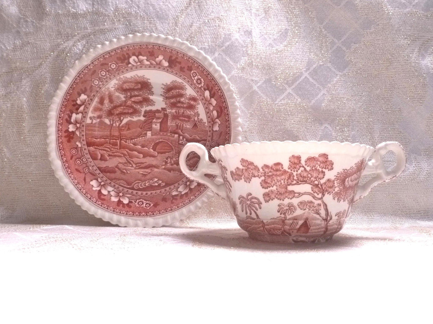 Vintage Spode's Tower Cream Soup Cup and Saucer, 1920s Red Transferware