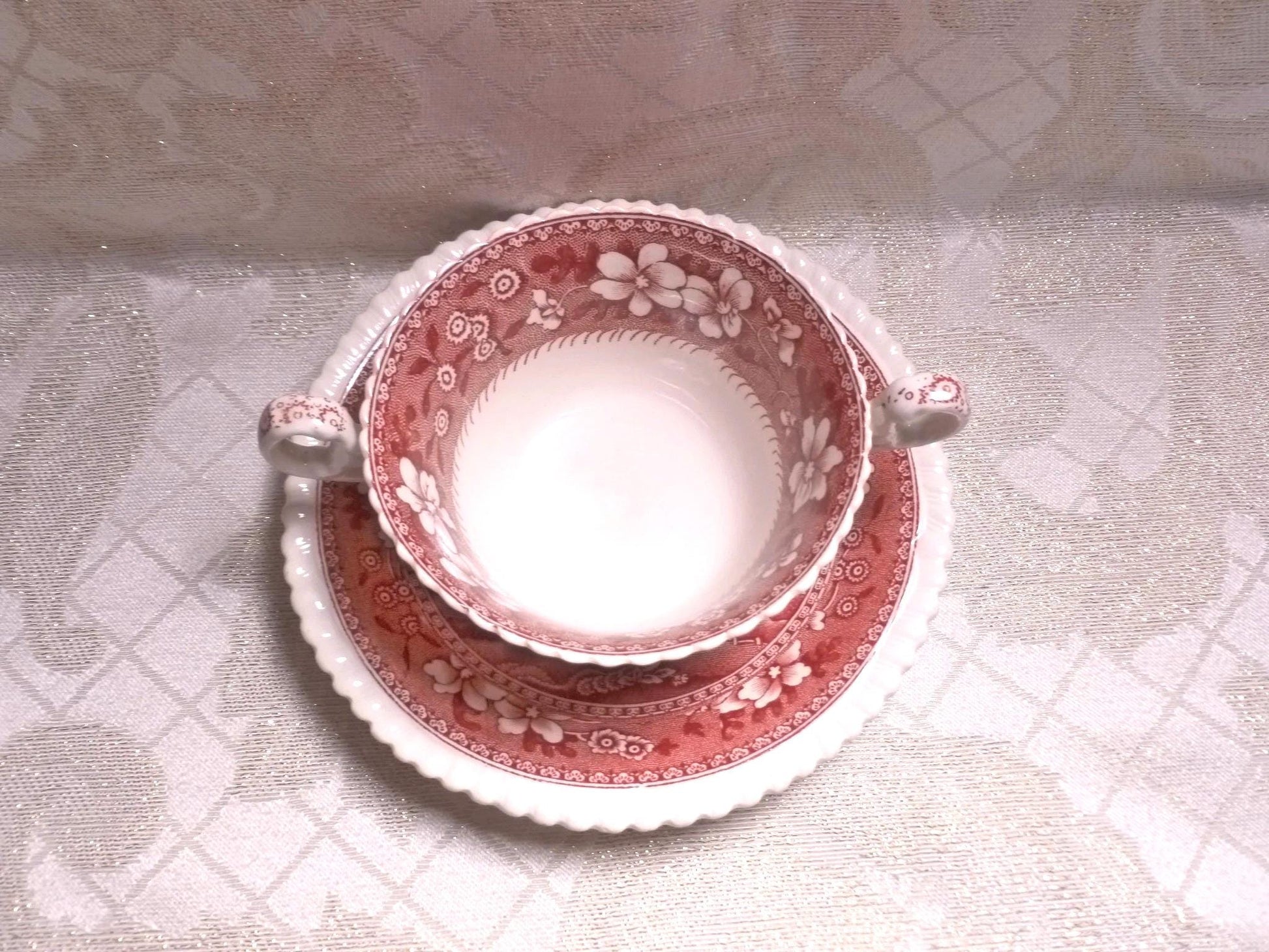 Vintage Spode's Tower Cream Soup Cup and Saucer, 1920s Red Transferware