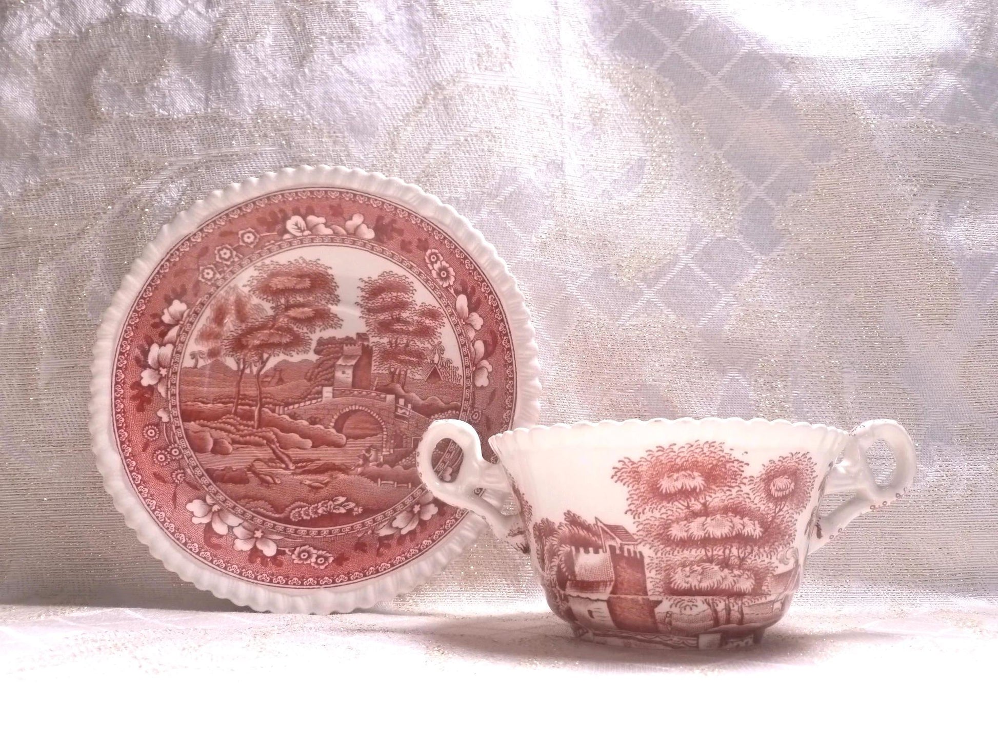 Vintage Spode's Tower Cream Soup Cup and Saucer, 1920s Red Transferware
