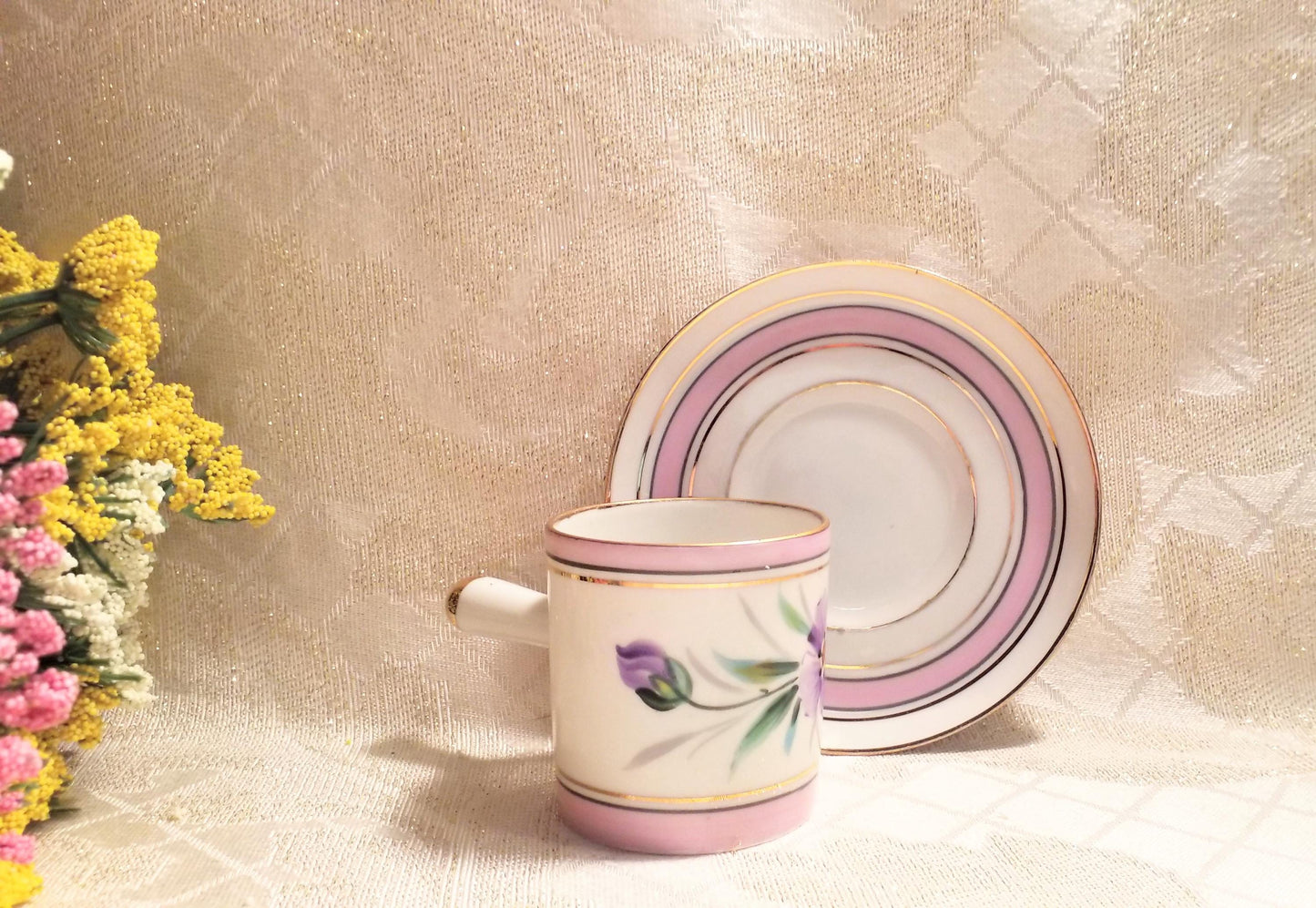 Floral Demitasse Cup and Saucer Espresso Bone China with Gold Trim Always FREE Domestic SHIPPING