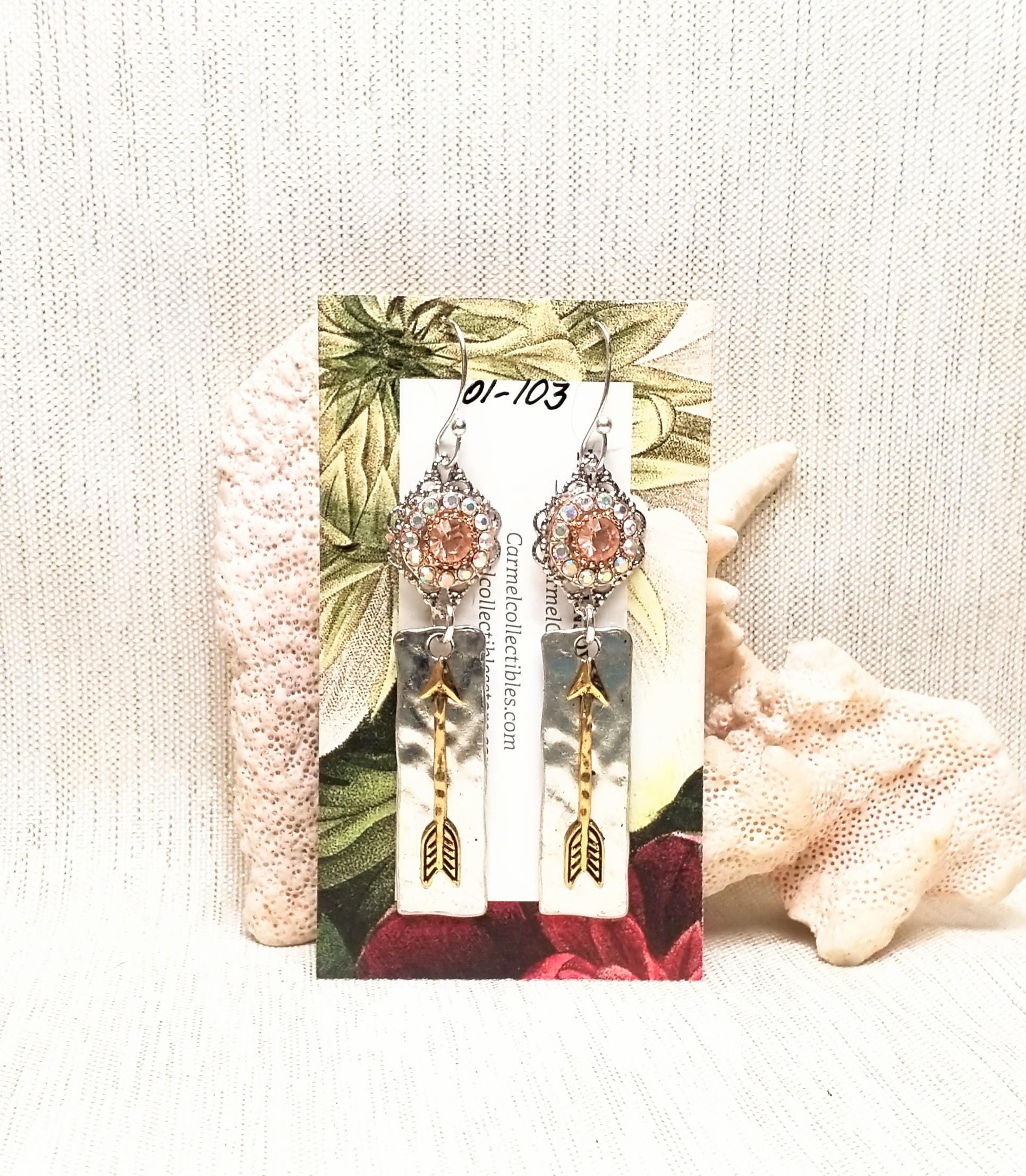 Handcrafted Silver Arrow Earrings, Aurora Borealis Rhinestone Detail