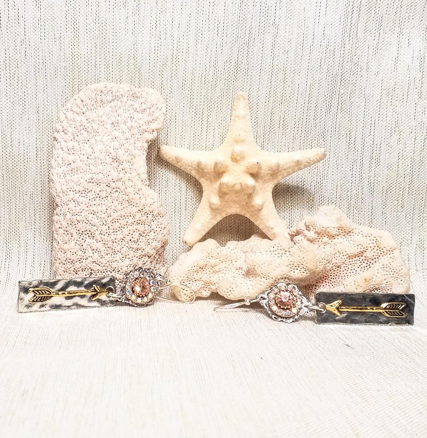 Handcrafted Silver Arrow Earrings, Aurora Borealis Rhinestone Detail